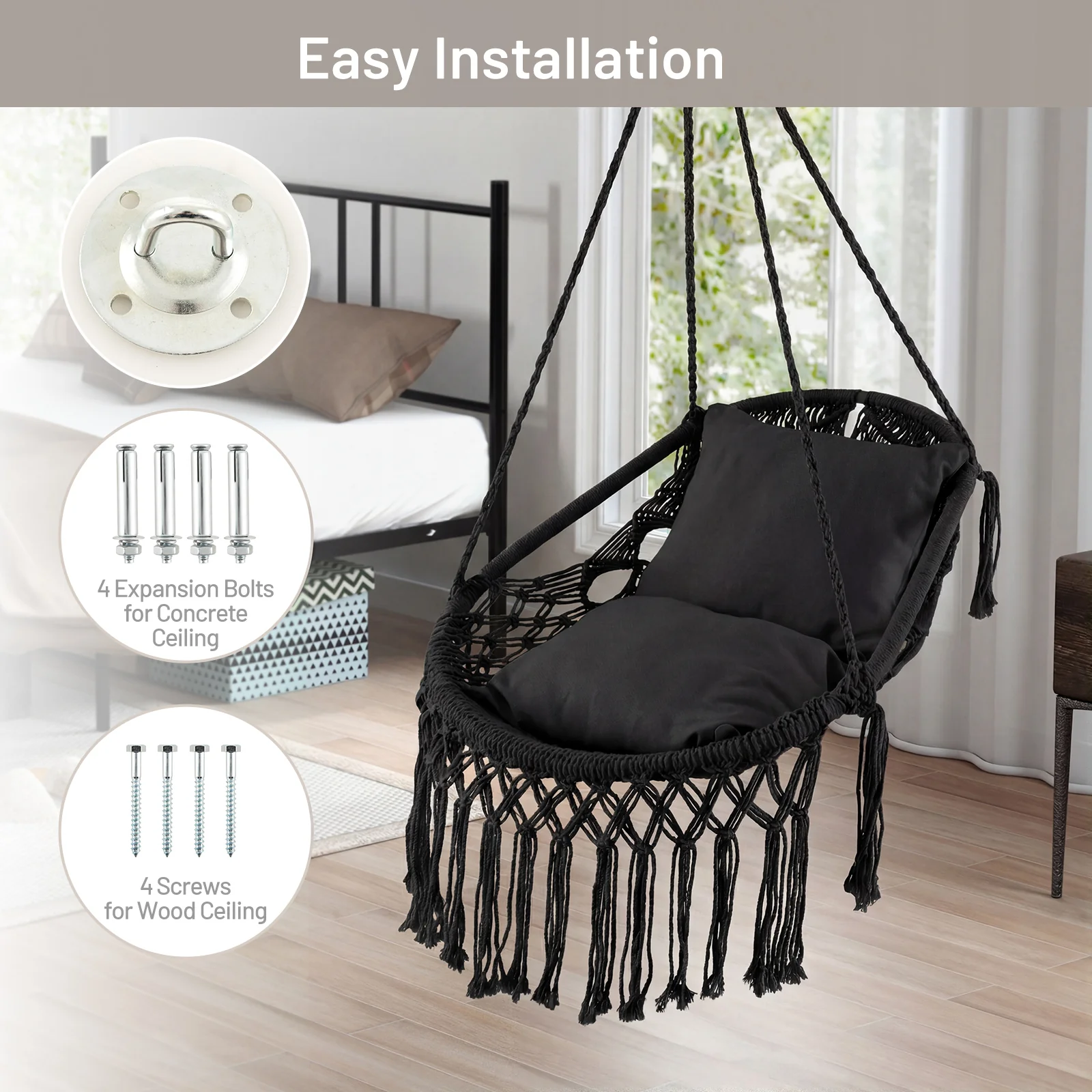 Hanging Hammock Chair With Soft Seat Cushions, Sturdy Rope Chain, Black - Image 9