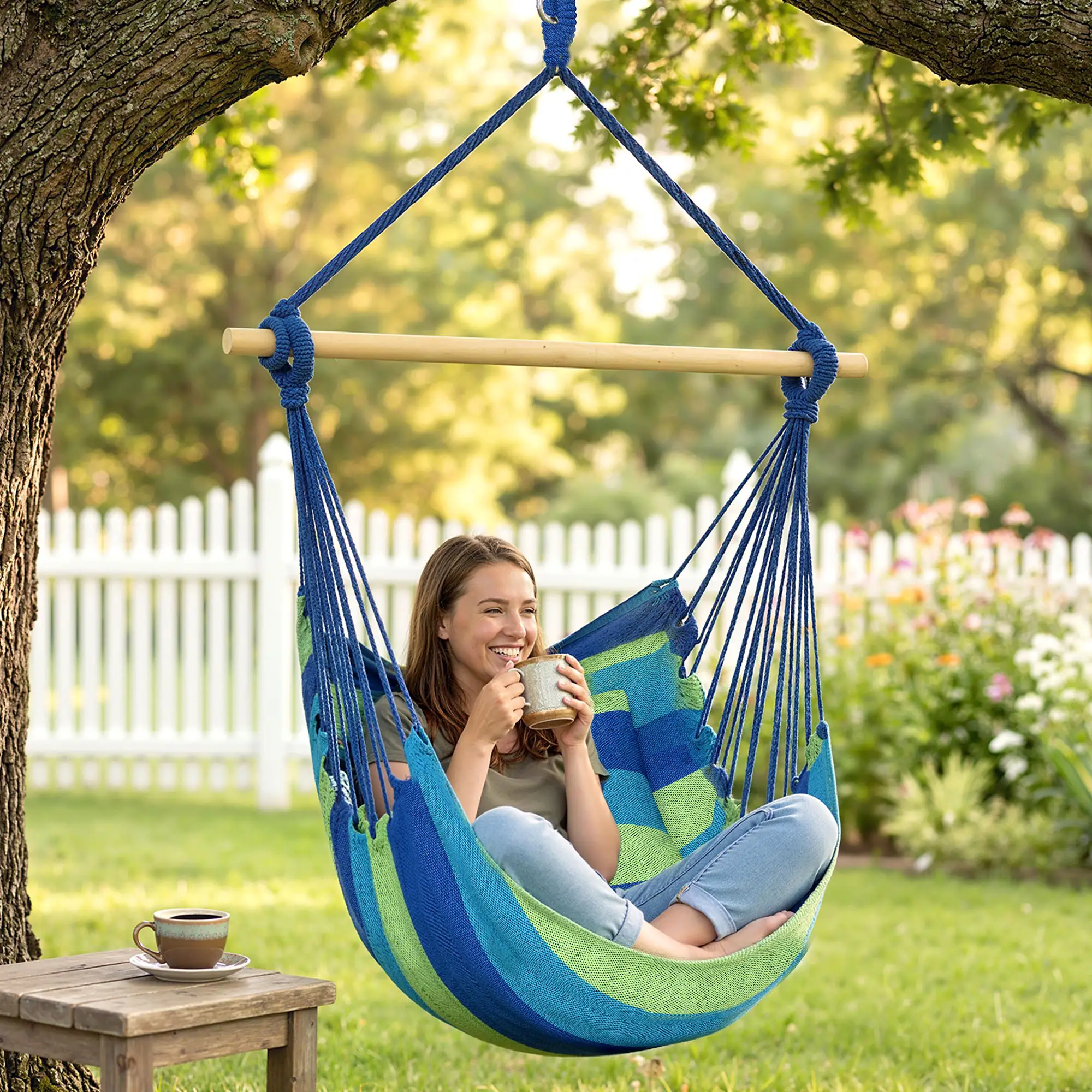 Hanging Macrame Chair, Two Soft Seat Cushions, Blue Green - Image 10