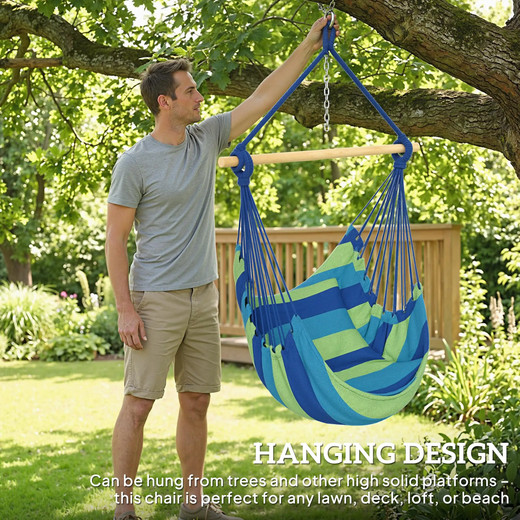 Hanging Macrame Chair, Two Soft Seat Cushions, Blue Green - Image 6