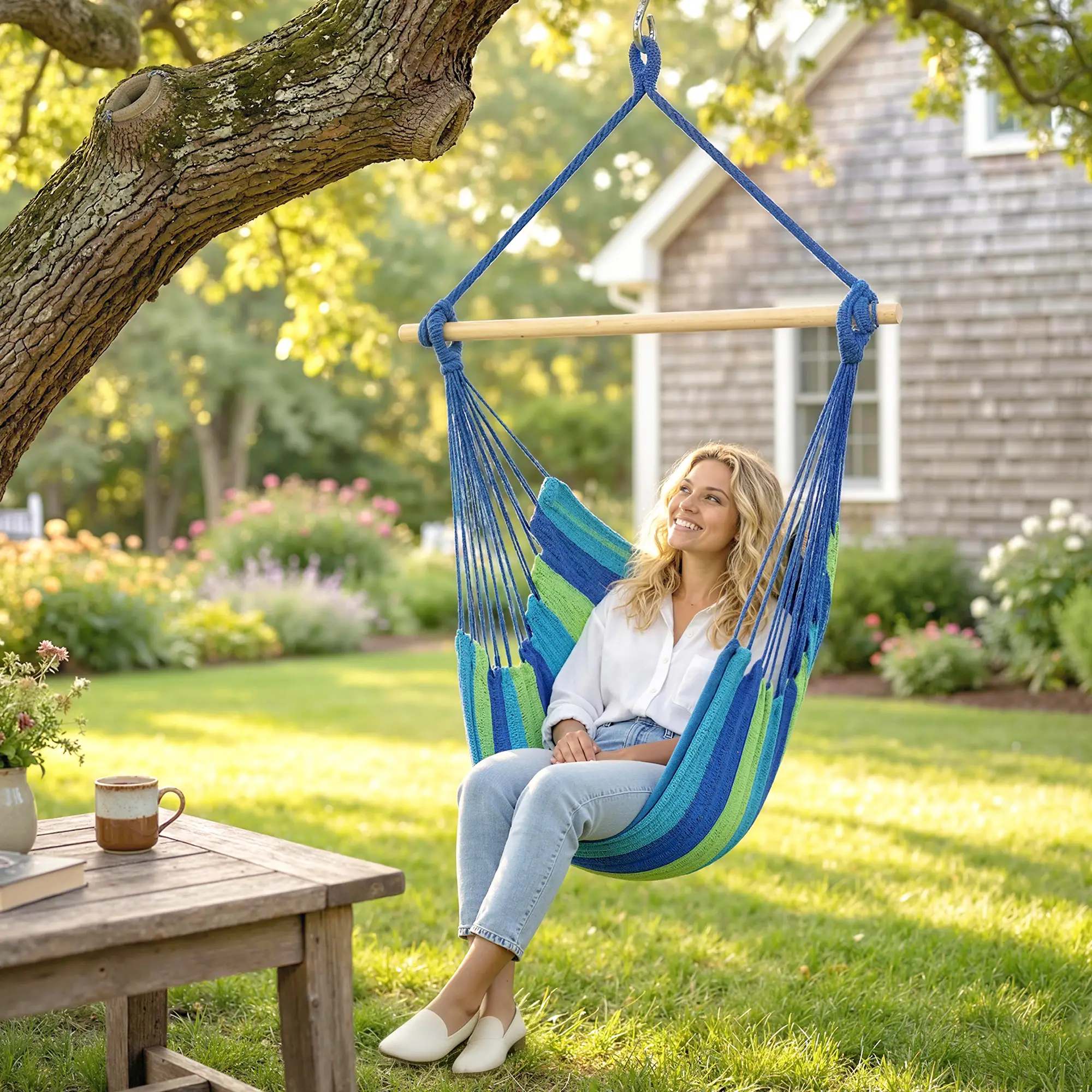 Hanging Macrame Chair, Two Soft Seat Cushions, Blue Green - Image 8