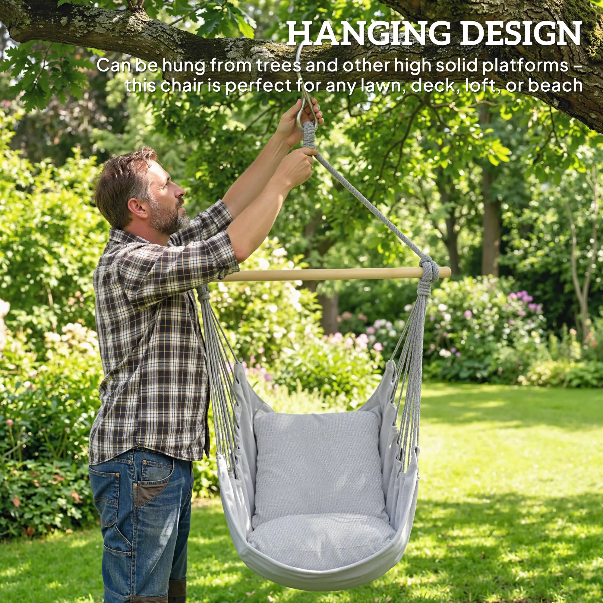 Hanging Macrame Chair With Two Seat Cushions, Grey - Image 6