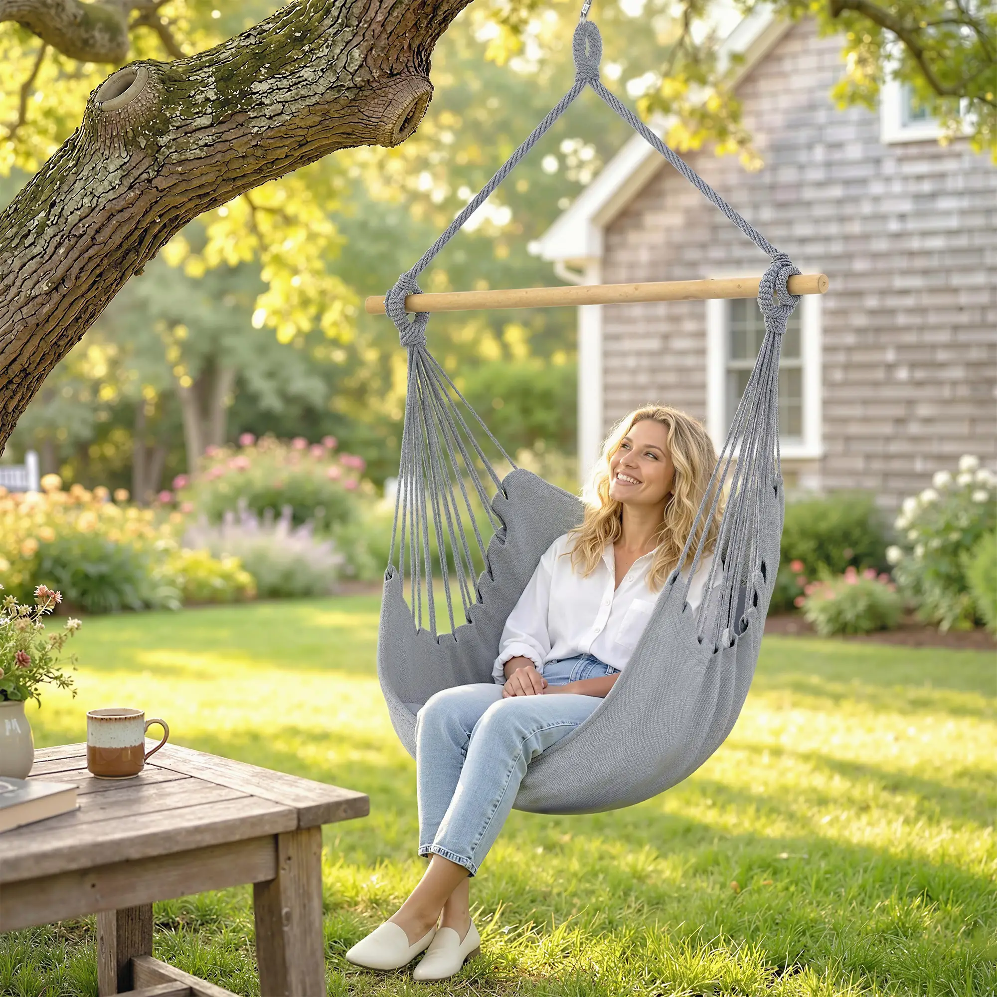 Hanging Macrame Chair With Two Seat Cushions, Grey - Image 8