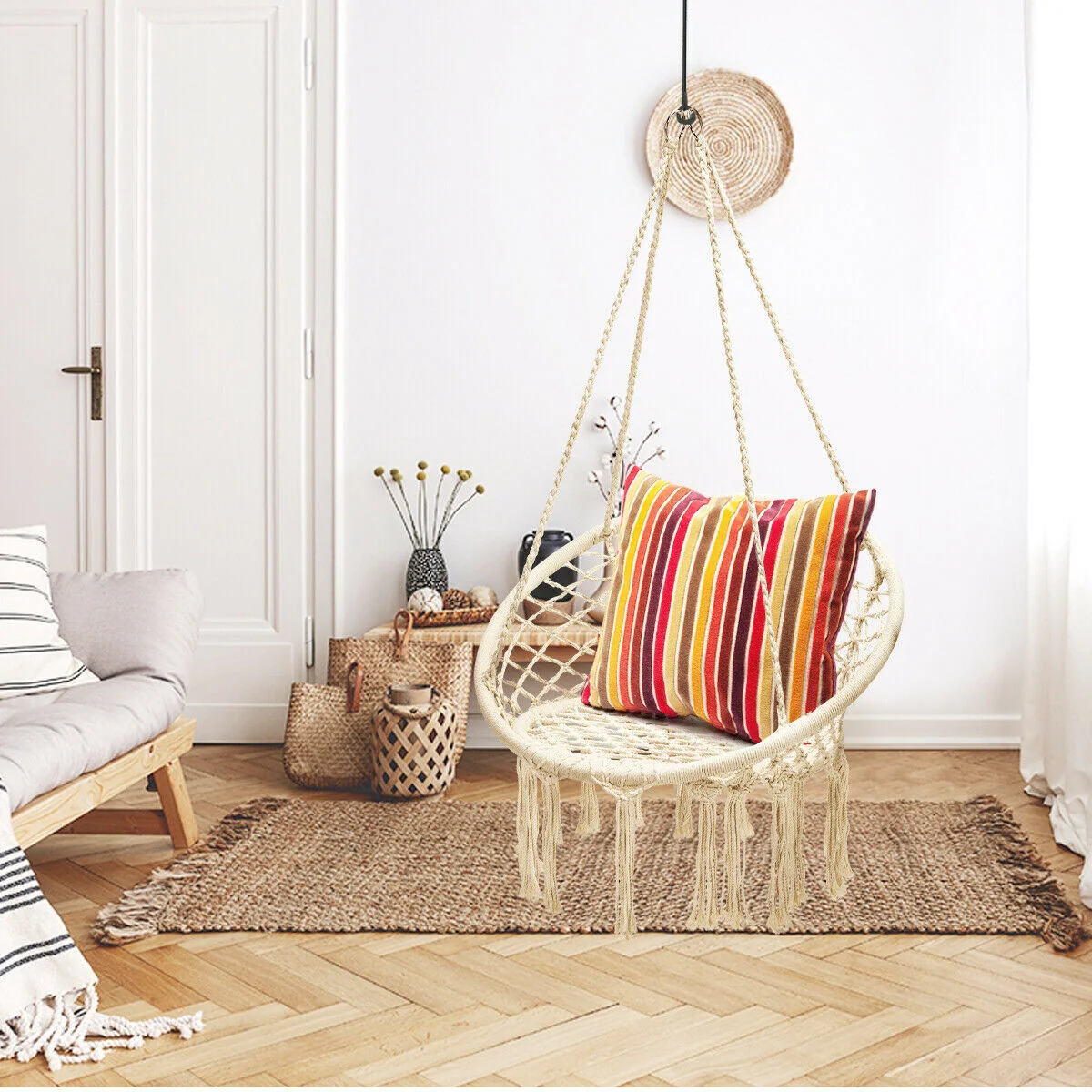 Hanging Macrame Hammock Chair, Handwoven Cotton Backrest, Natural - Image 7