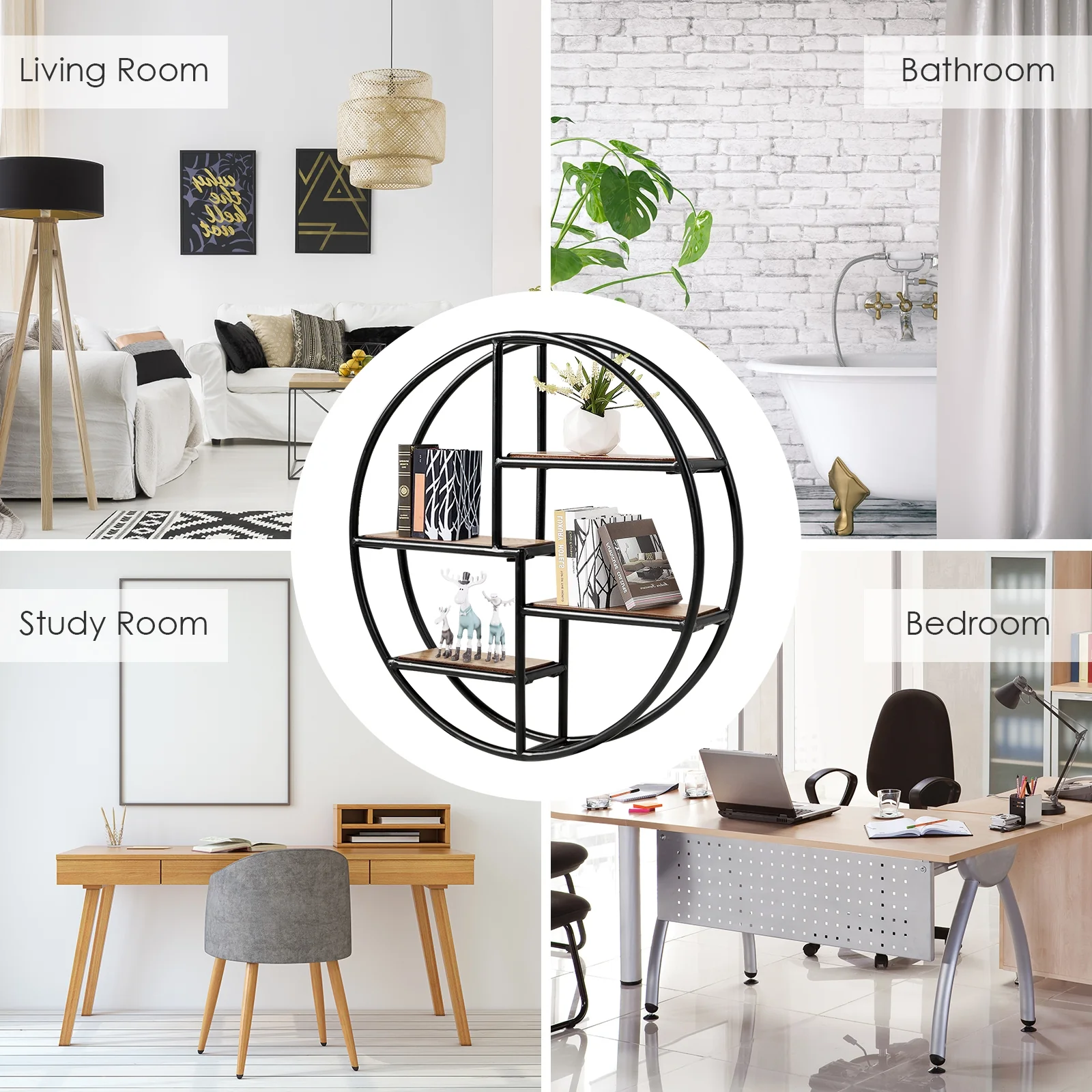 Hanging Storage Shelf Circular Wall-Mounted 4-Tier Rack, Black - Image 10