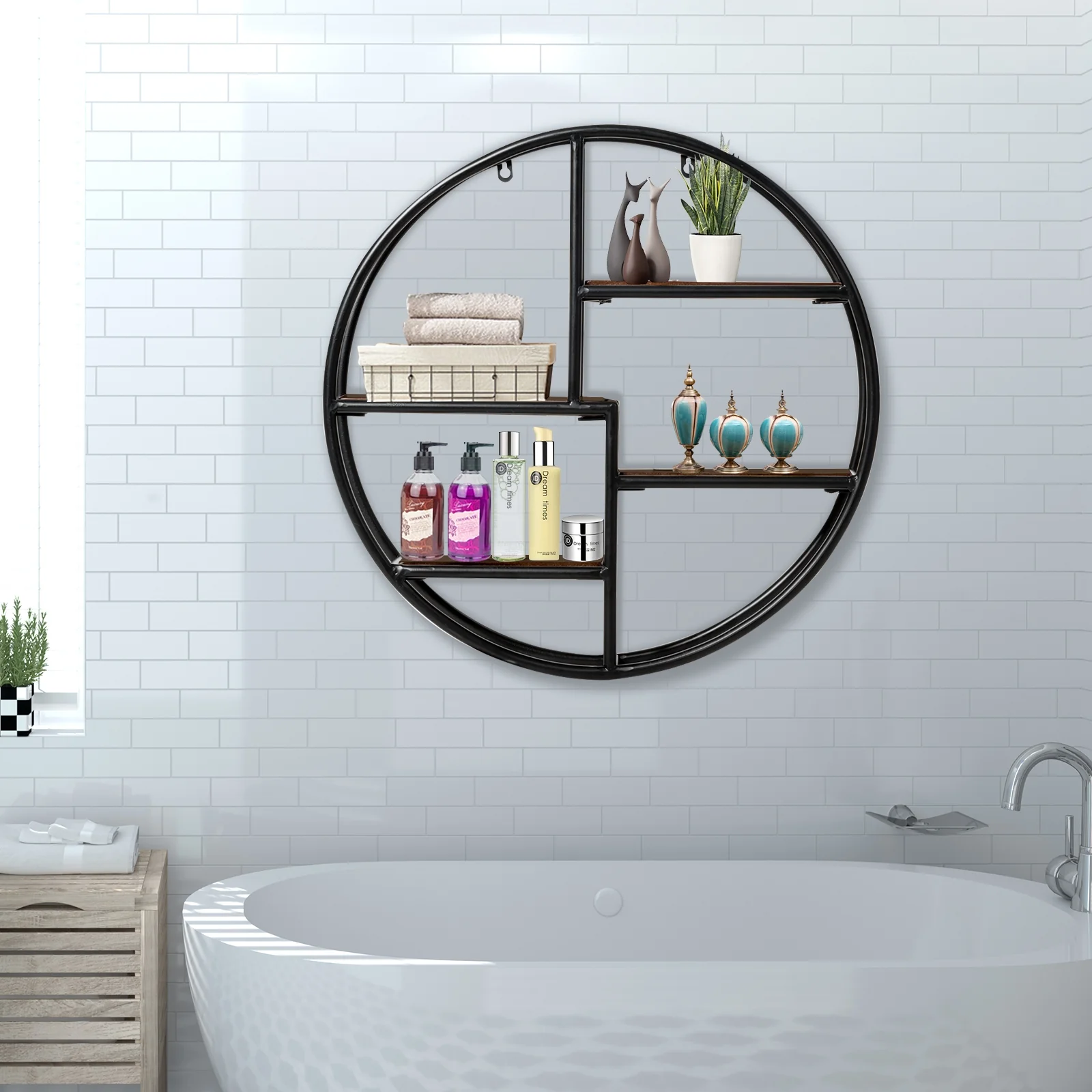 Hanging Storage Shelf Circular Wall-Mounted 4-Tier Rack, Black - Image 7
