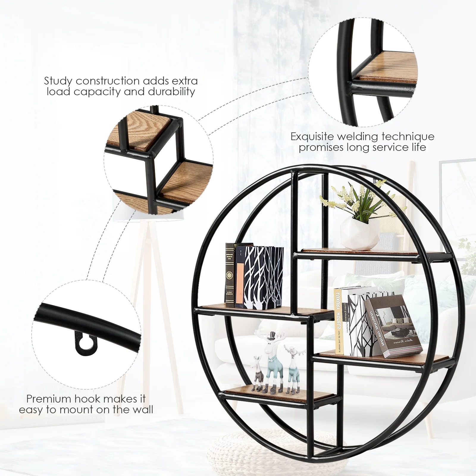 Hanging Storage Shelf Circular Wall-Mounted 4-Tier Rack, Black - Image 9