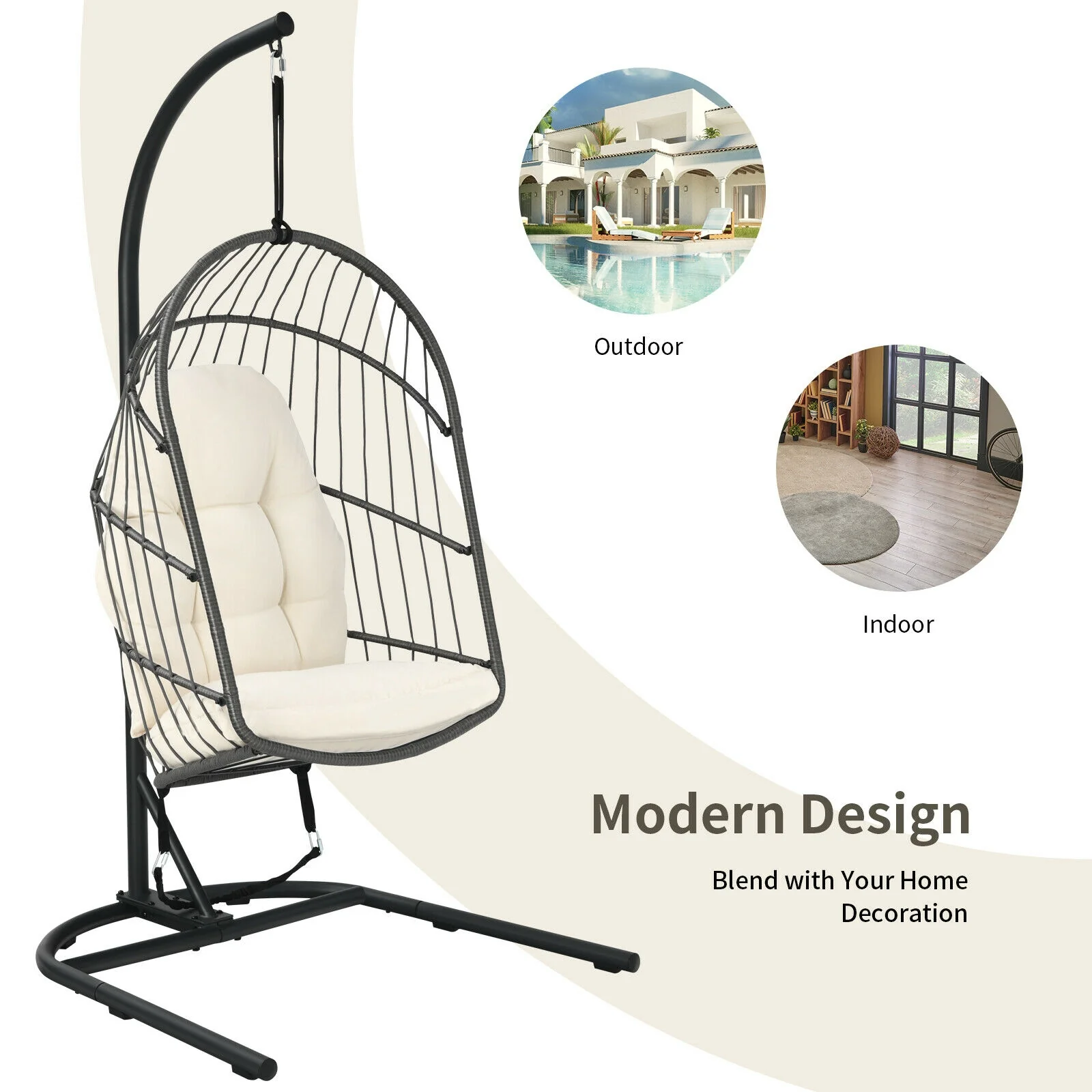 Hanging Wicker Egg Chair With Stand, Beige - Image 3