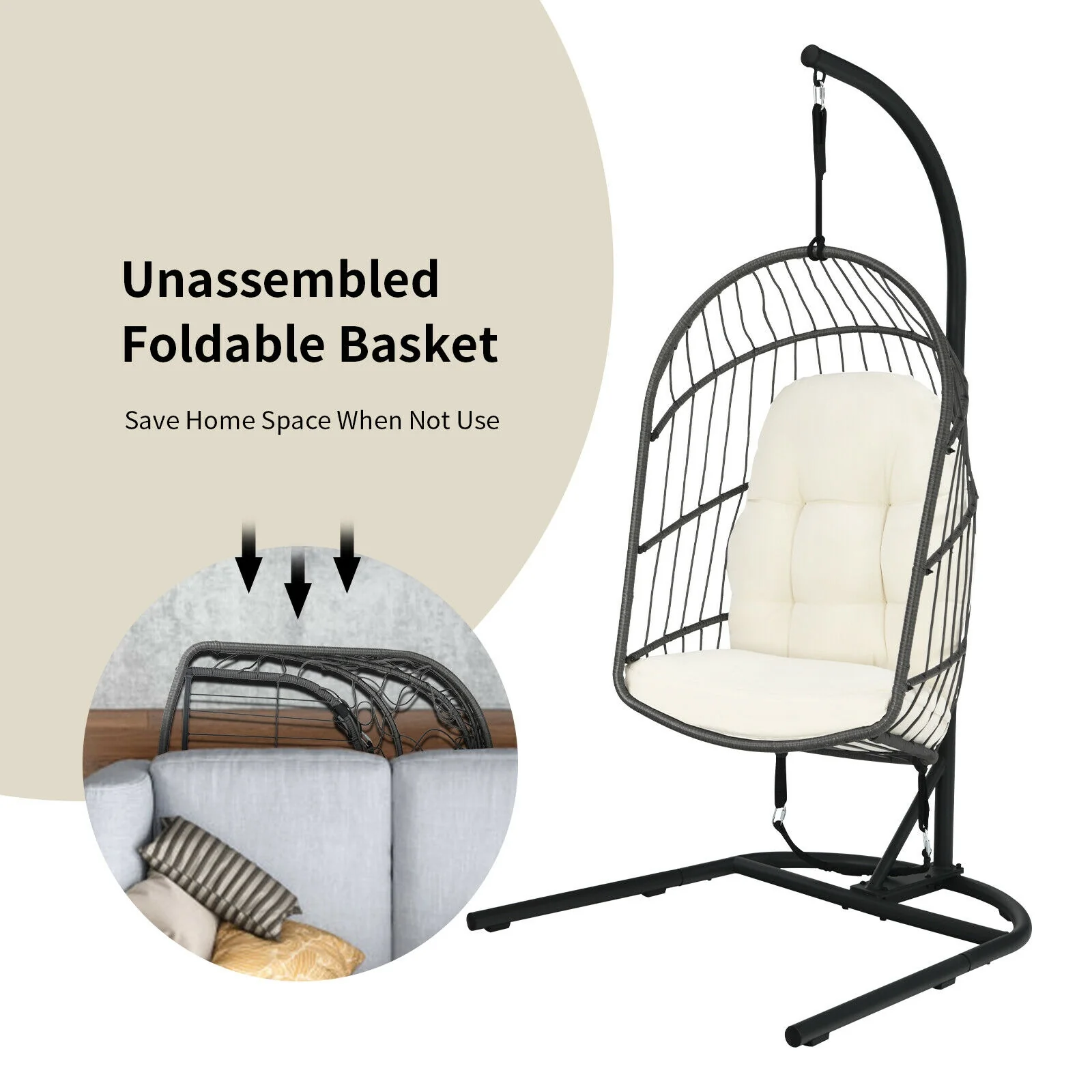 Hanging Wicker Egg Chair With Stand, Beige - Image 6