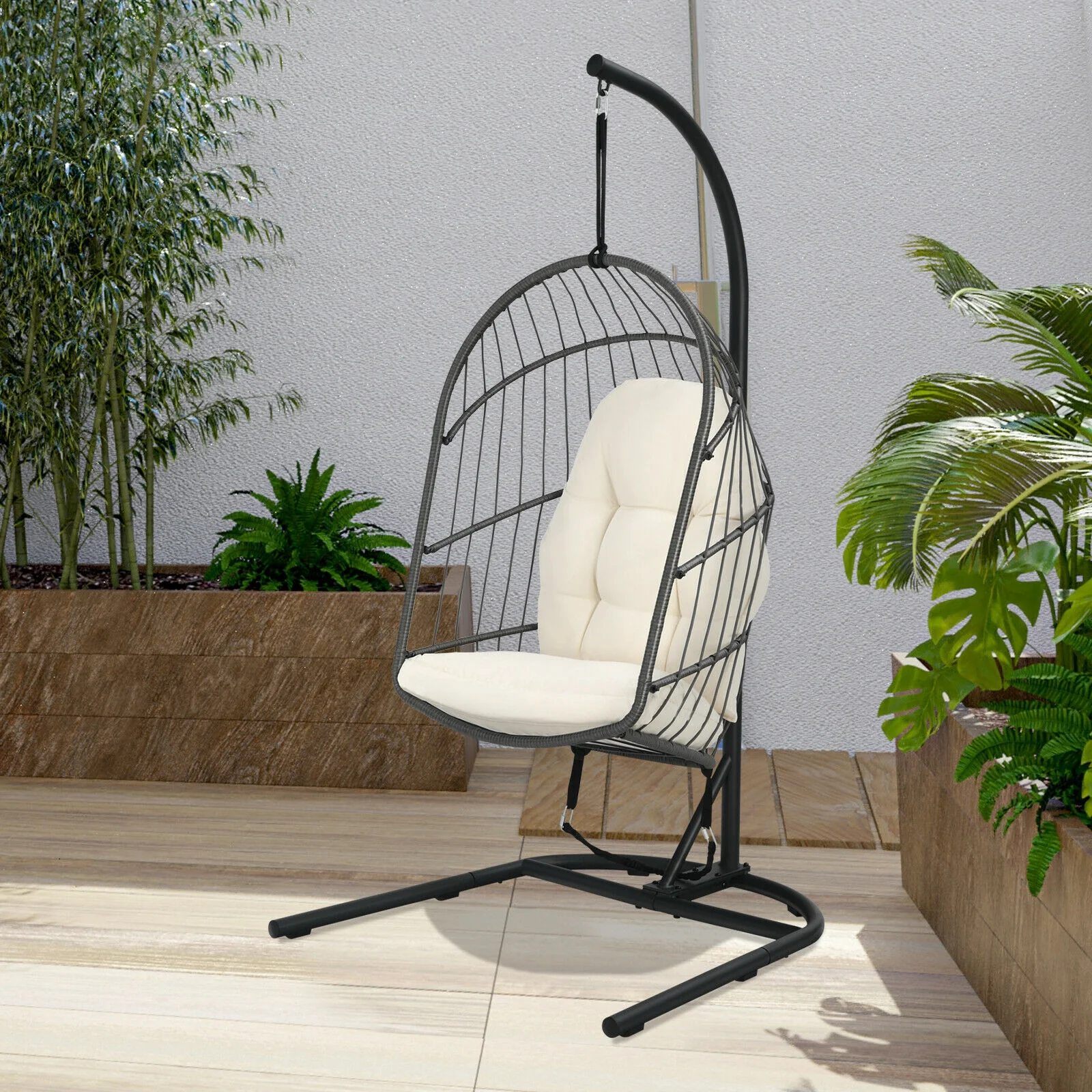 Hanging Wicker Egg Chair With Stand, Beige - Image 7