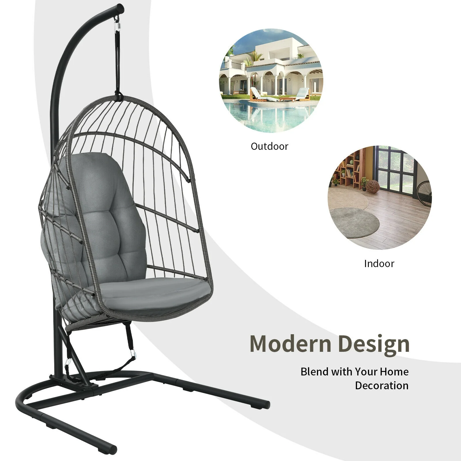 Hanging Wicker Egg Chair With Stand, Gray - Image 3