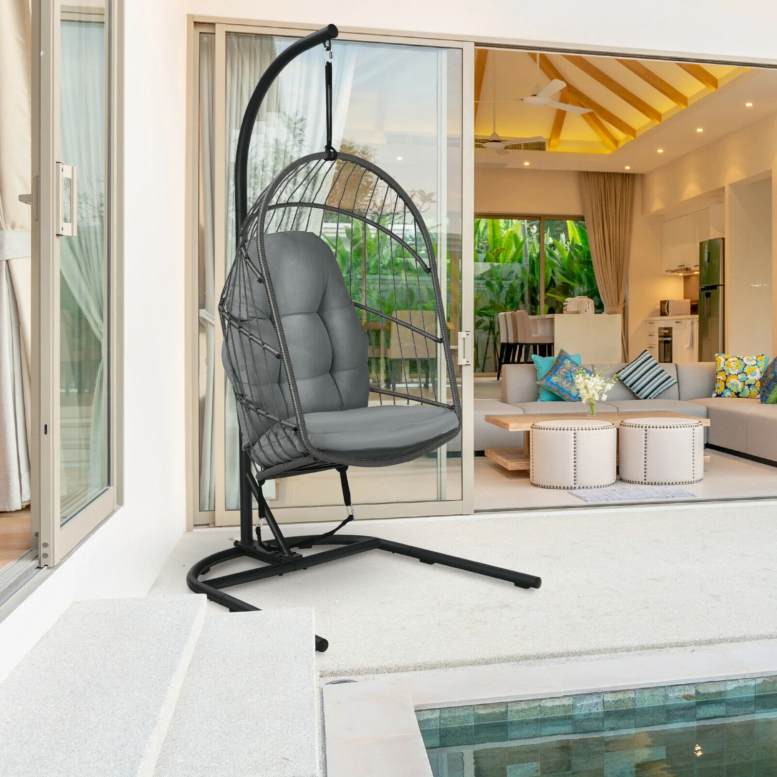 Hanging Wicker Egg Chair With Stand, Gray - Image 8