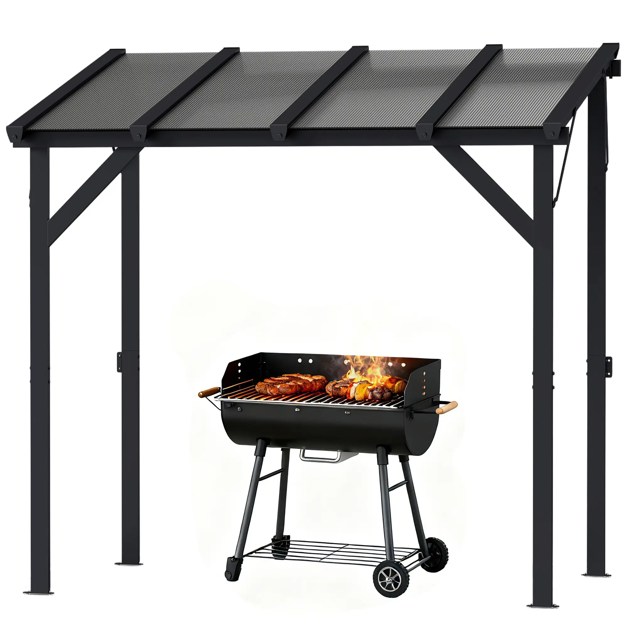 Hardtop Grill Gazebo, Lean-To BBQ Shelter With Polycarbonate Roof