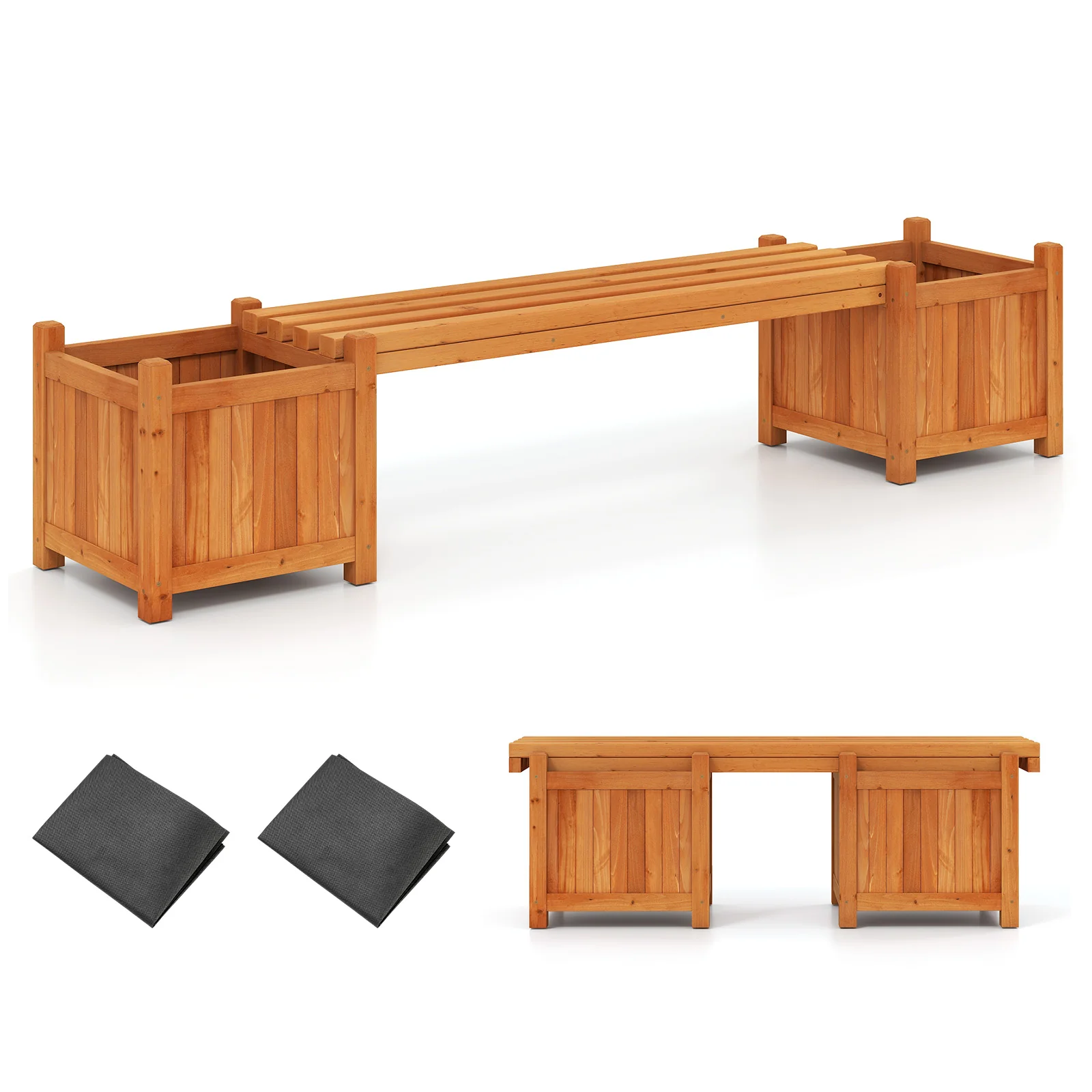 Hardwood Planter Box Bench, 2 Side Flower Boxes, Natural - Image 4