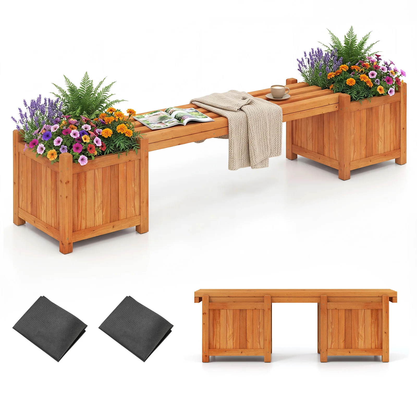 Hardwood Planter Box Bench, 2 Side Flower Boxes, Natural - Image 5