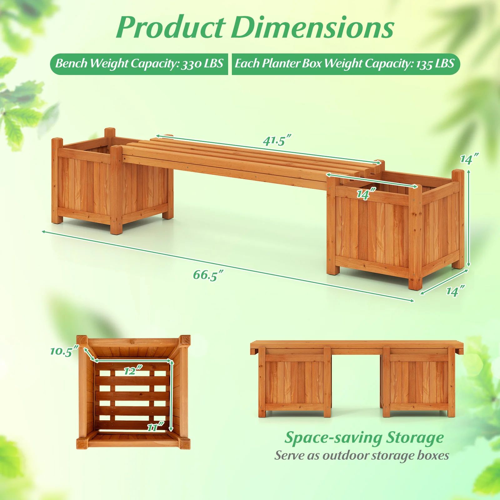 Hardwood Planter Box Bench, 2 Side Flower Boxes, Natural - Image 6