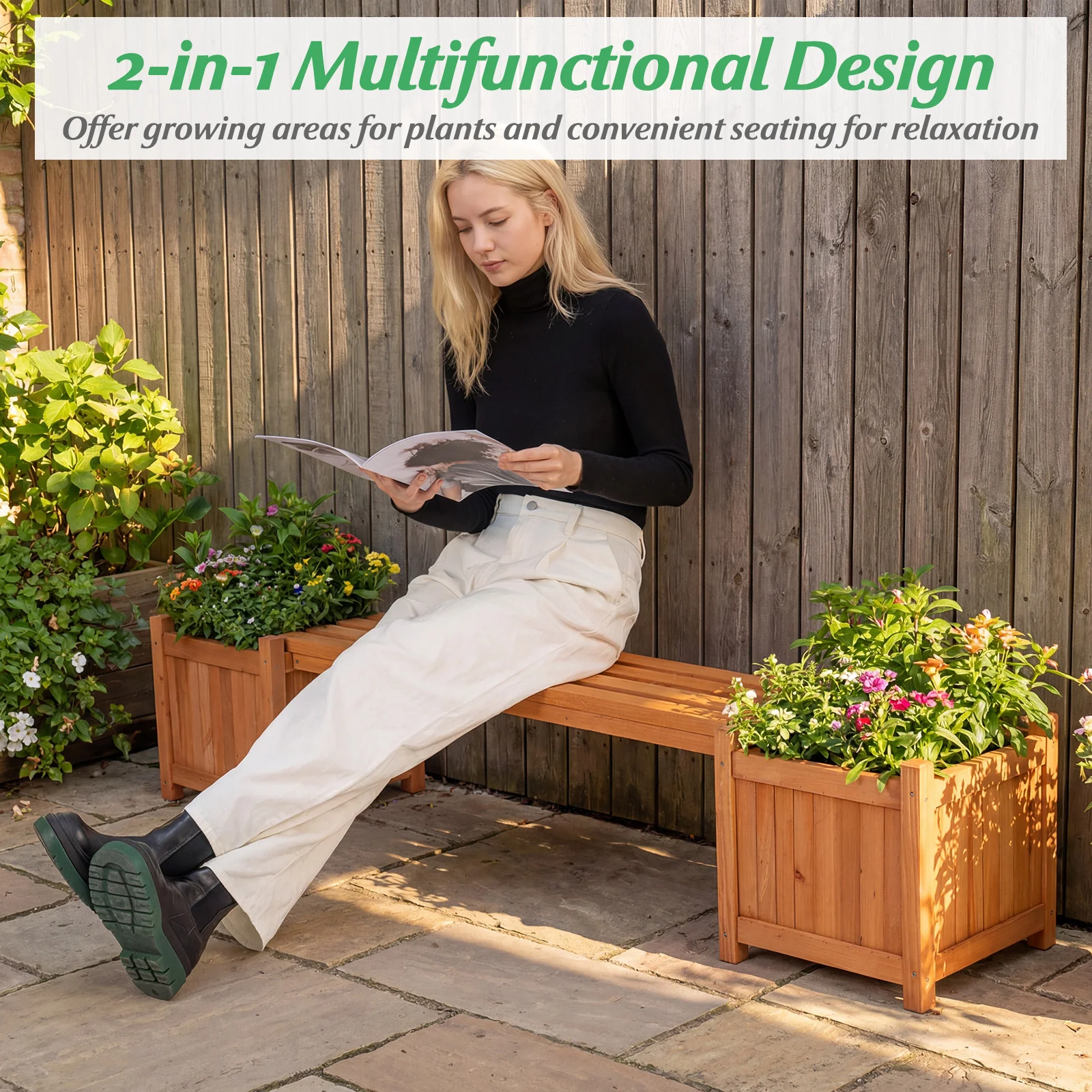 Hardwood Planter Box Bench, 2 Side Flower Boxes, Natural - Image 8