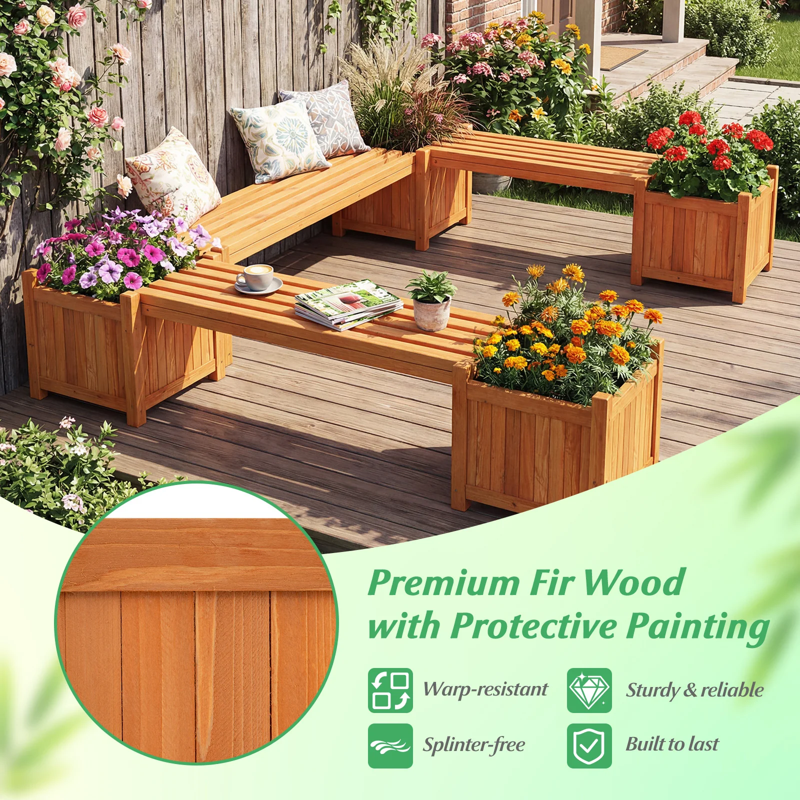 Hardwood Planter Box Bench, 2 Side Flower Boxes, Natural - Image 9
