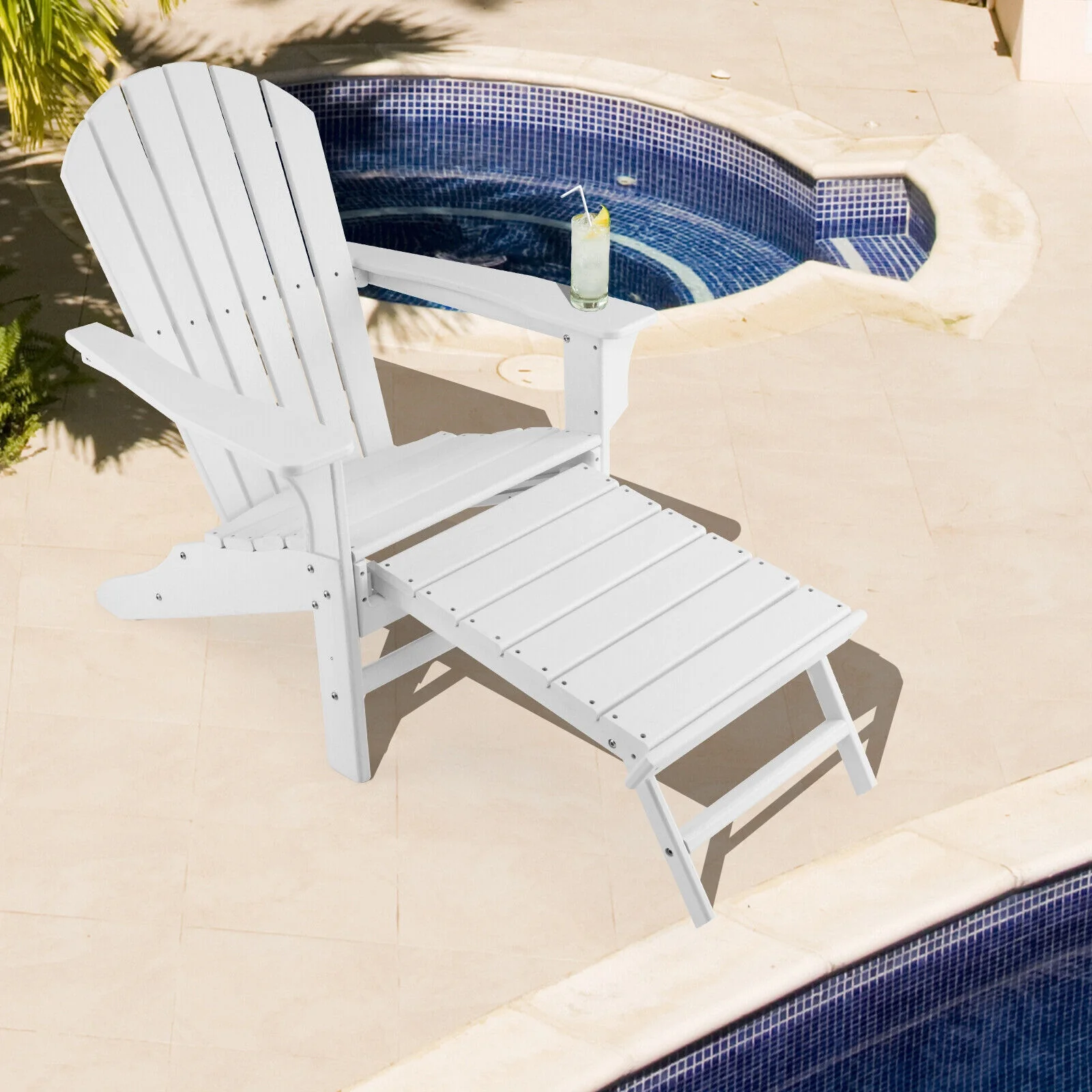 HDPE Adirondack Chair With Retractable Ottoman, White - Image 2