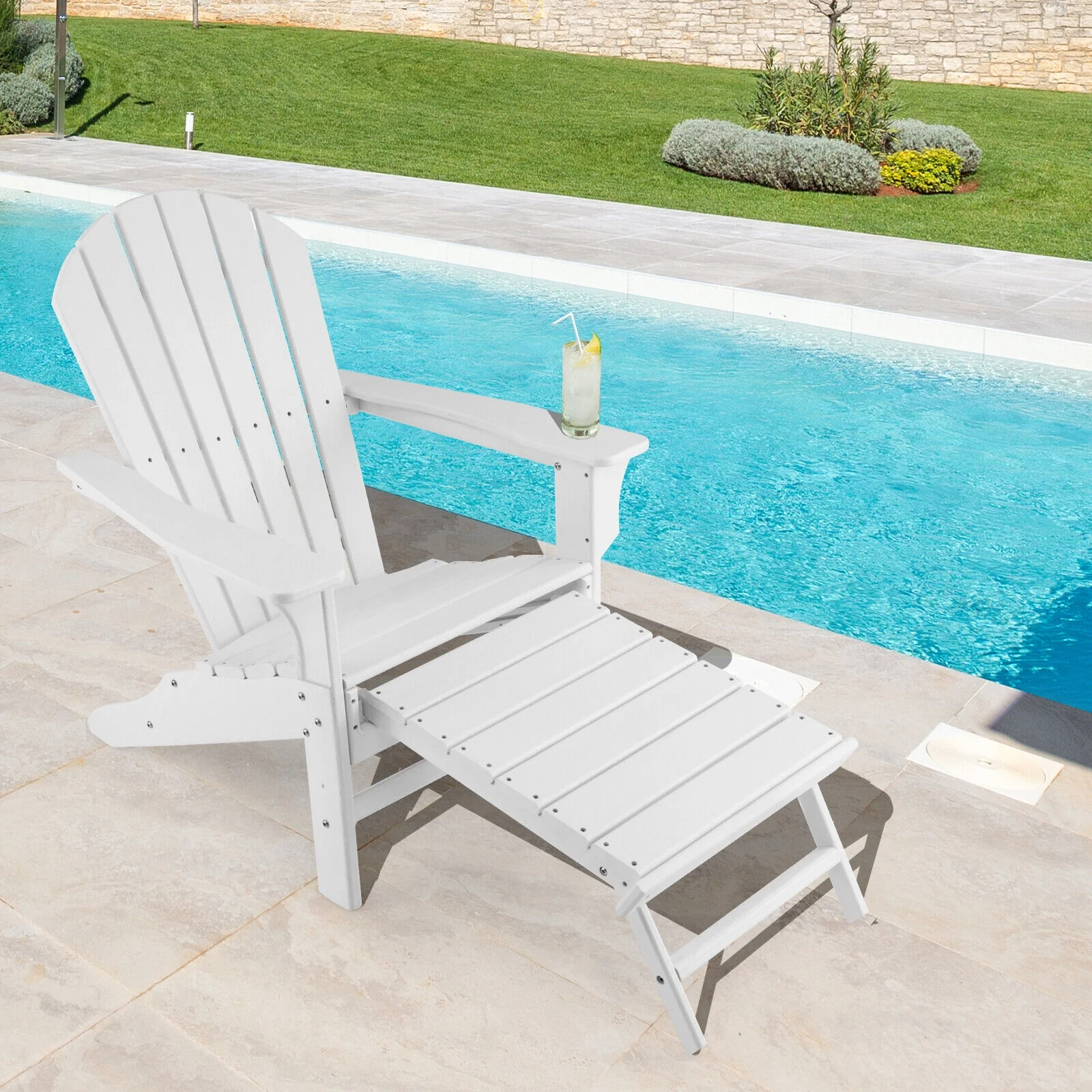 HDPE Adirondack Chair With Retractable Ottoman, White - Image 3