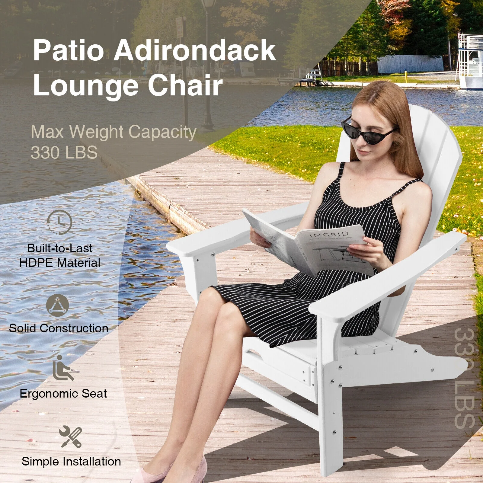 HDPE Adirondack Chair With Retractable Ottoman, White - Image 6