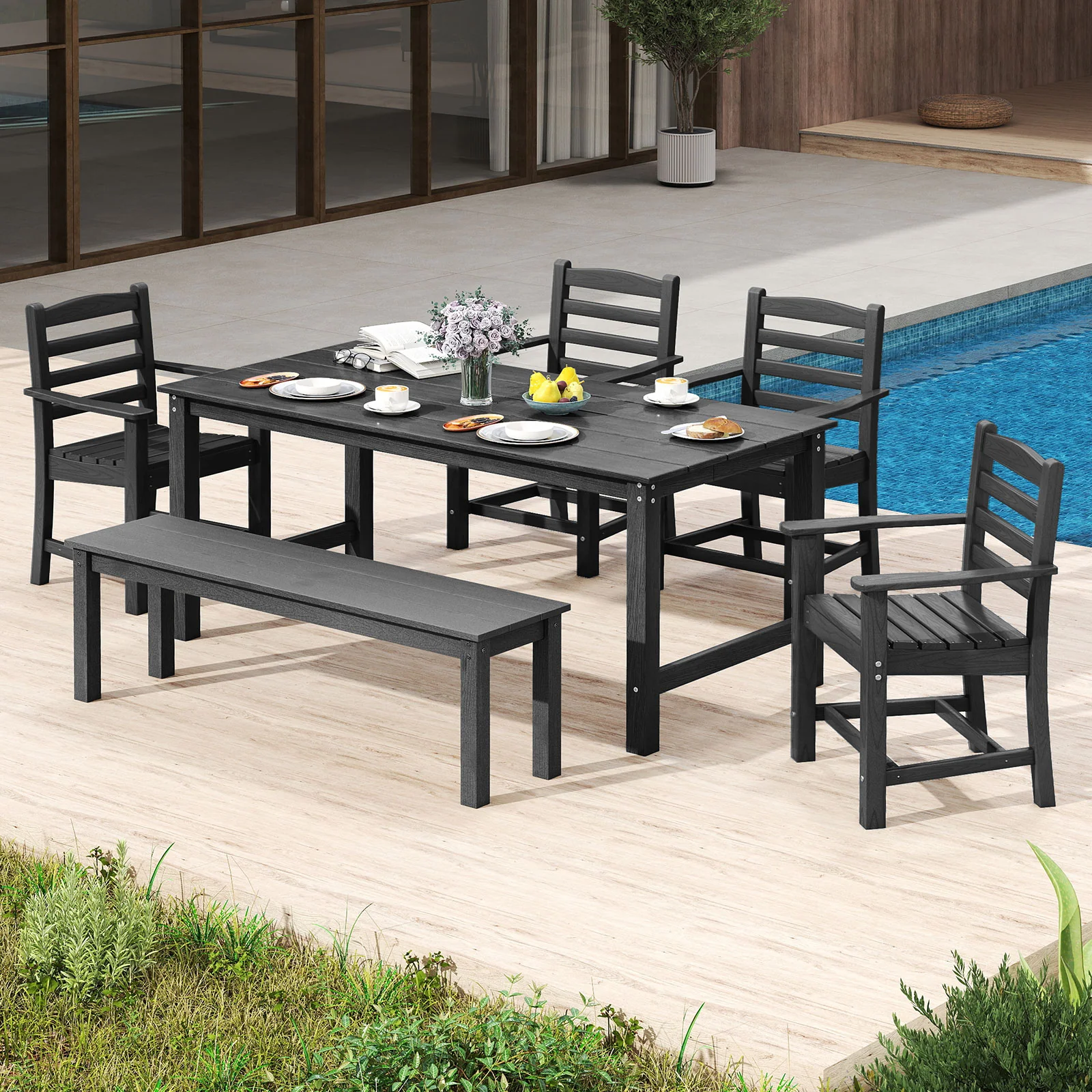 HDPE All Weather Patio Dining Chairs, Set Of 2, Wide Armrests, Black - Image 3