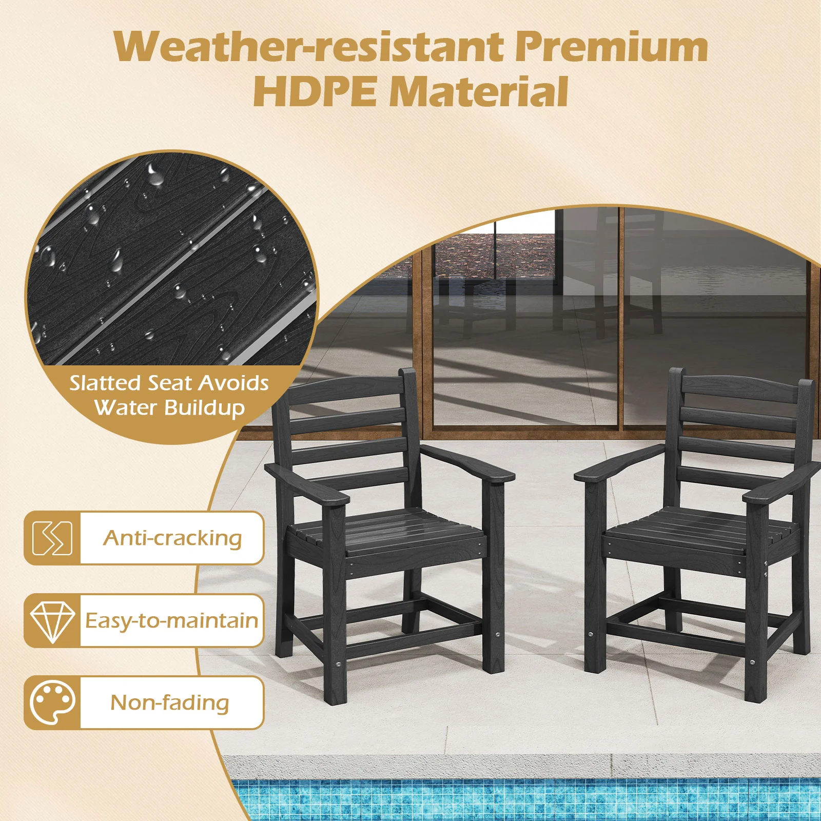 HDPE All Weather Patio Dining Chairs, Set Of 2, Wide Armrests, Black - Image 7