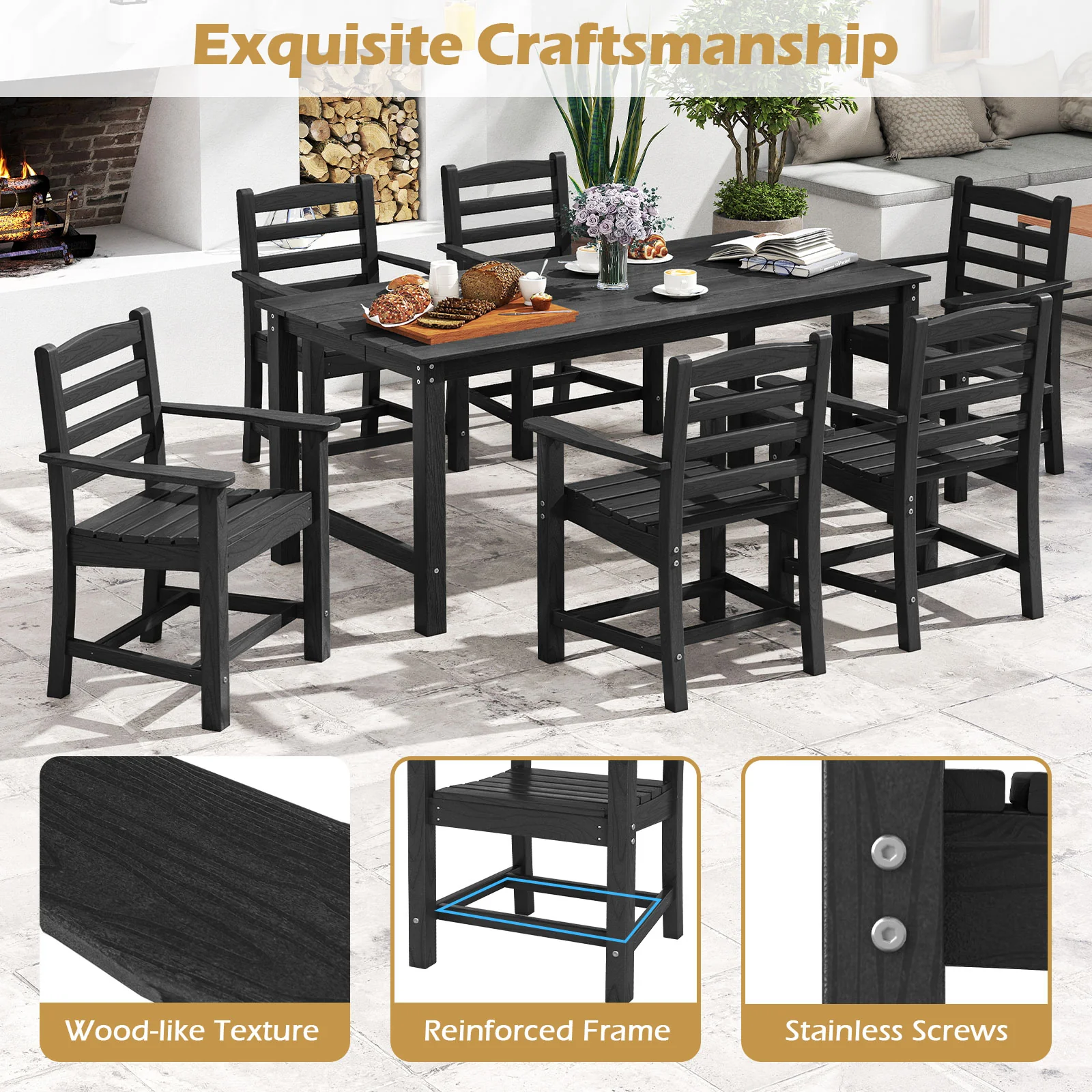 HDPE All Weather Patio Dining Chairs, Set Of 2, Wide Armrests, Black - Image 8