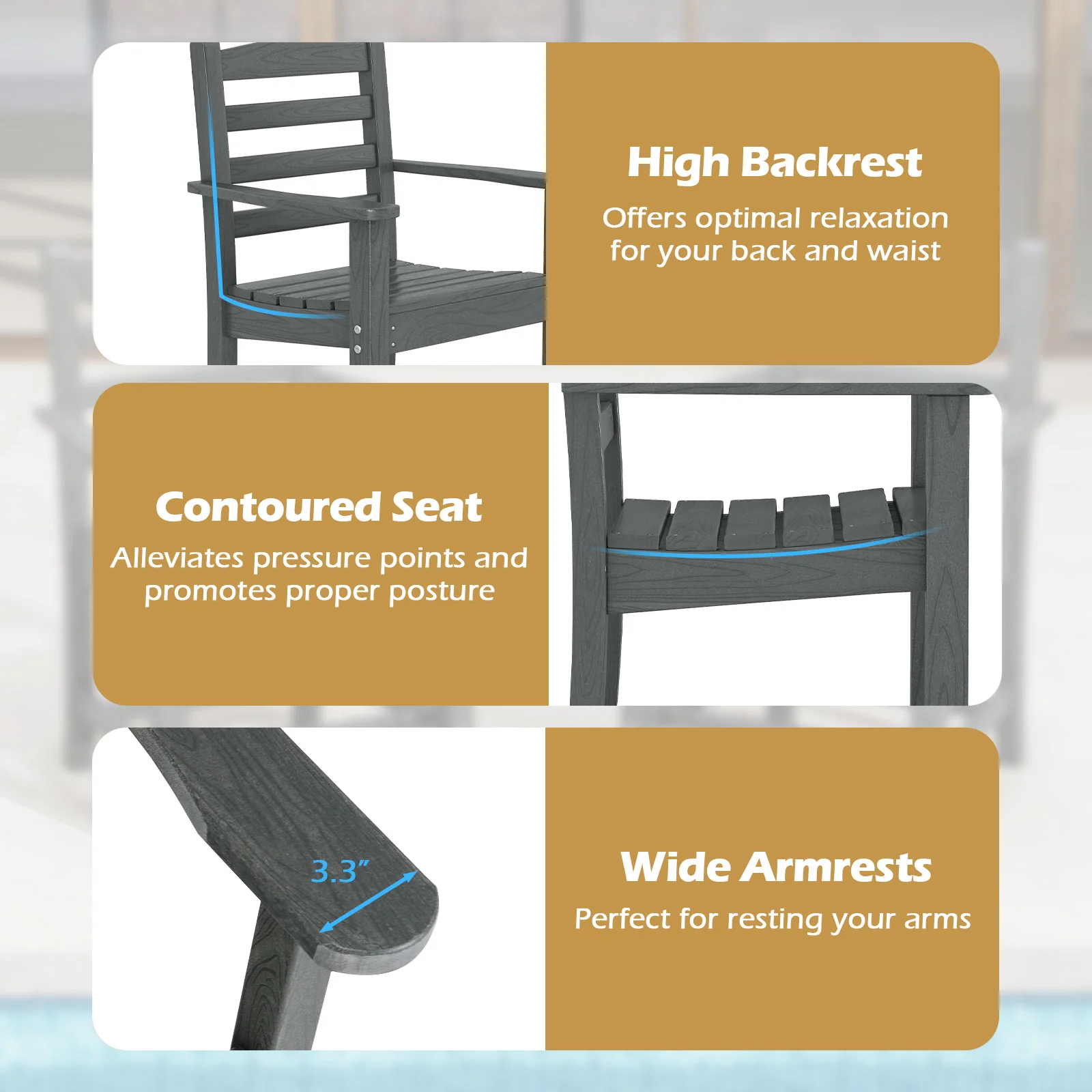 HDPE All Weather Patio Dining Chairs, Set of 2, Wide Armrests, Gray - Image 6