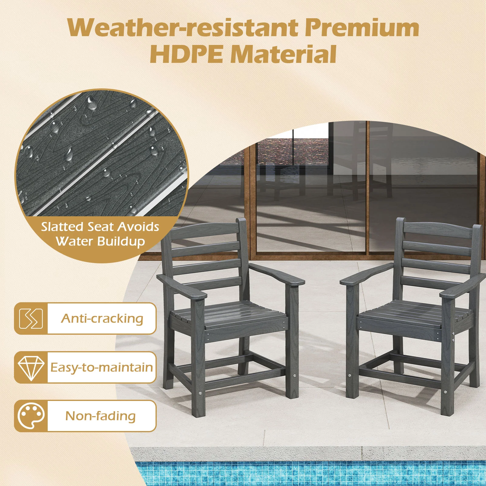 HDPE All Weather Patio Dining Chairs, Set of 2, Wide Armrests, Gray - Image 7