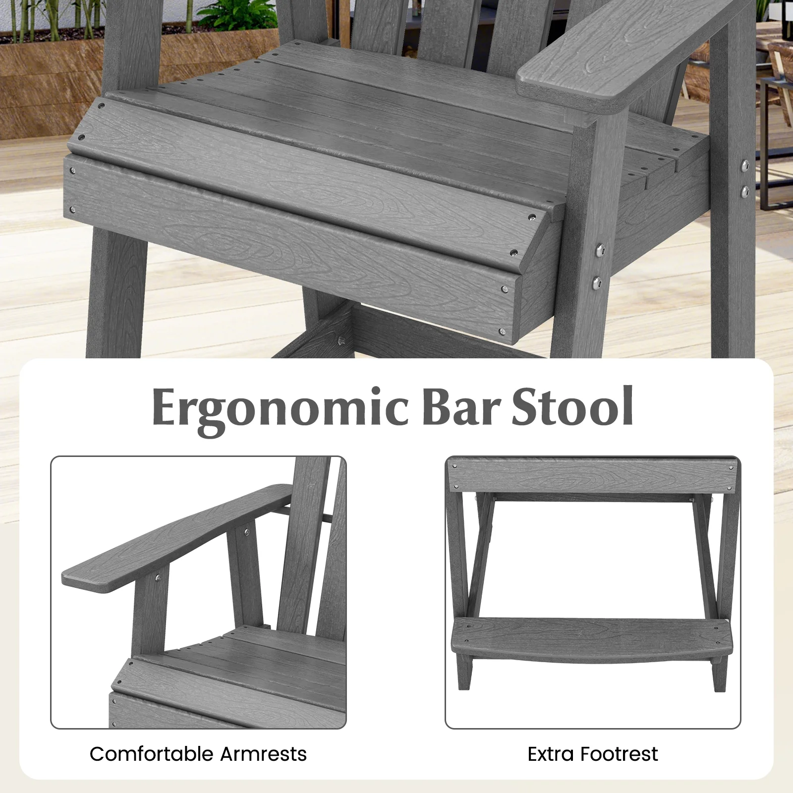 HDPE Patio Chair With Armrest, Footrest, Gray - Image 10