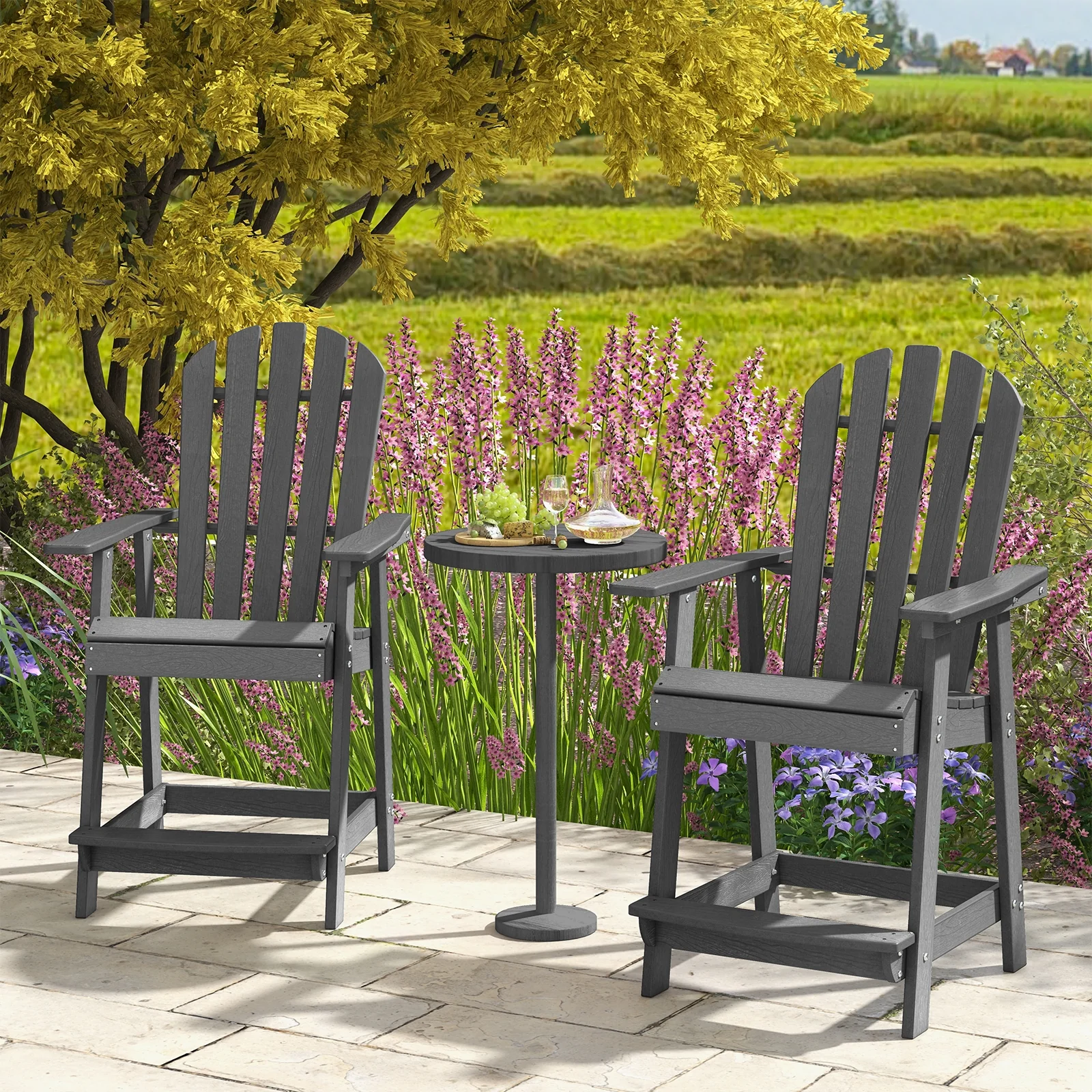 HDPE Patio Chair With Armrest, Footrest, Gray - Image 2