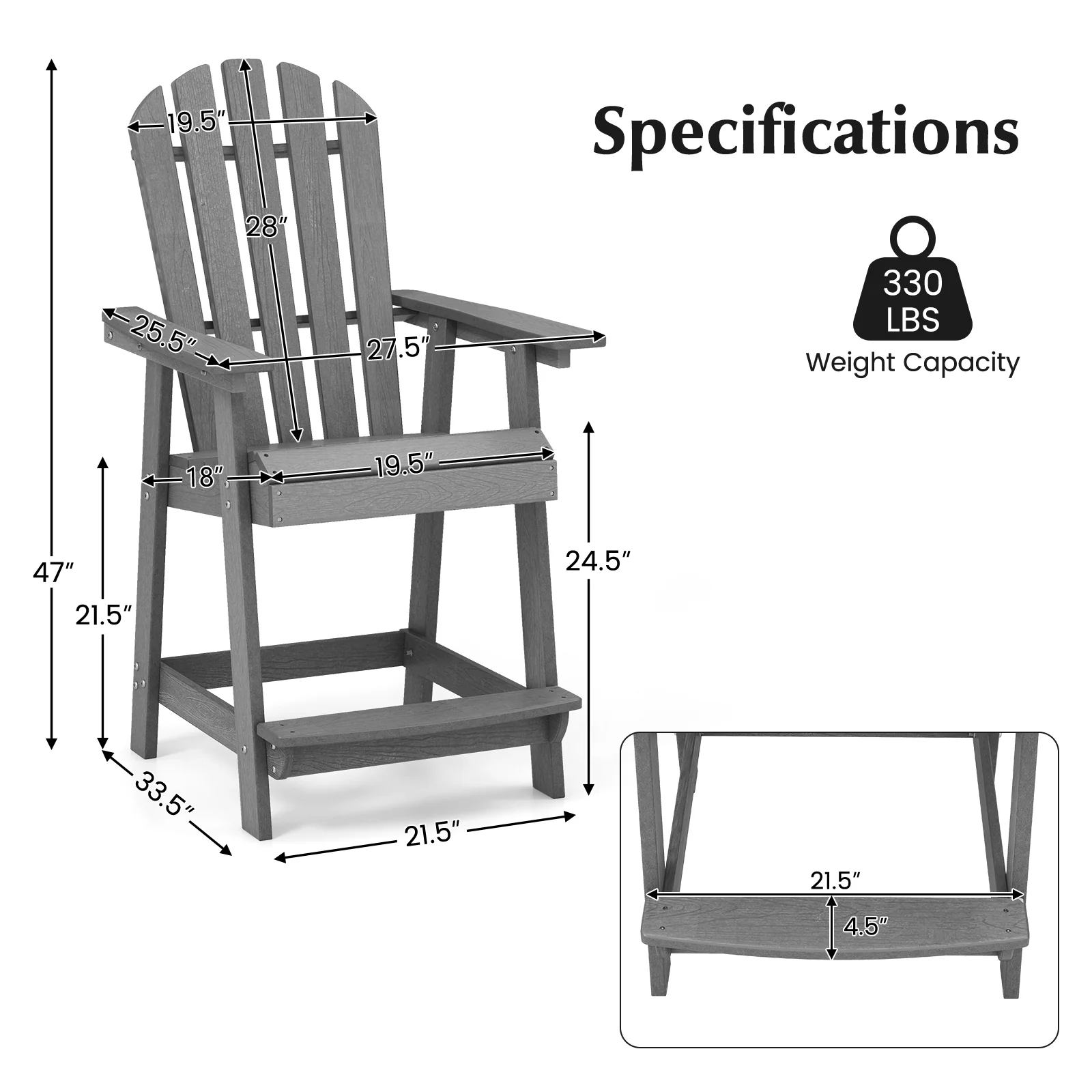 HDPE Patio Chair With Armrest, Footrest, Gray - Image 6