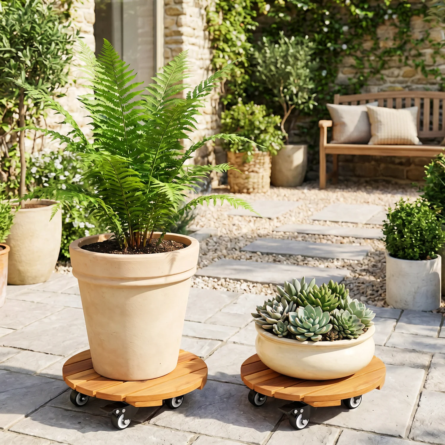 Heavy Duty Acacia Wood Rolling Plant Stand with 360° Lockable Casters-Set of 2 - Image 2