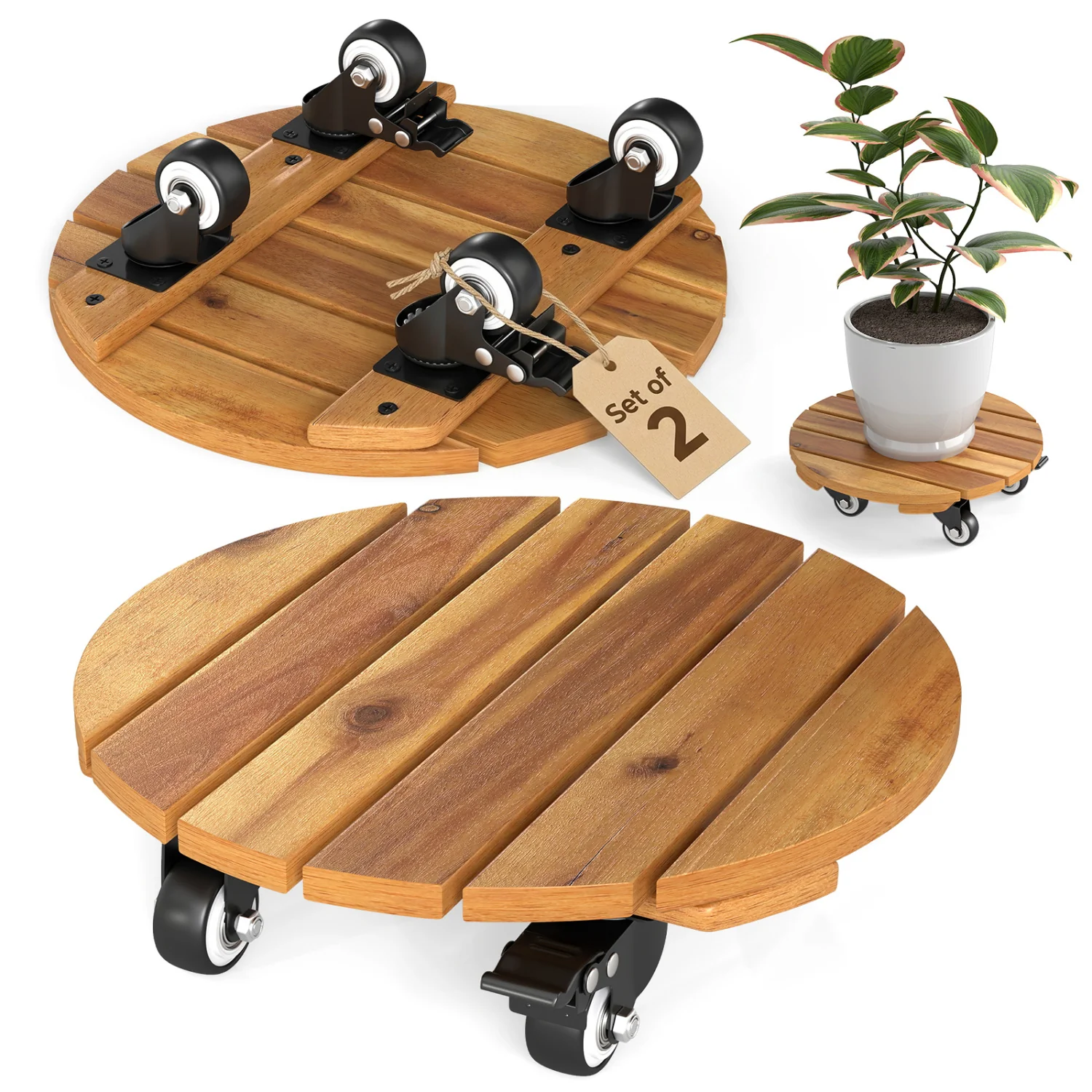 Heavy Duty Acacia Wood Rolling Plant Stand with 360° Lockable Casters-Set of 2 - Image 4