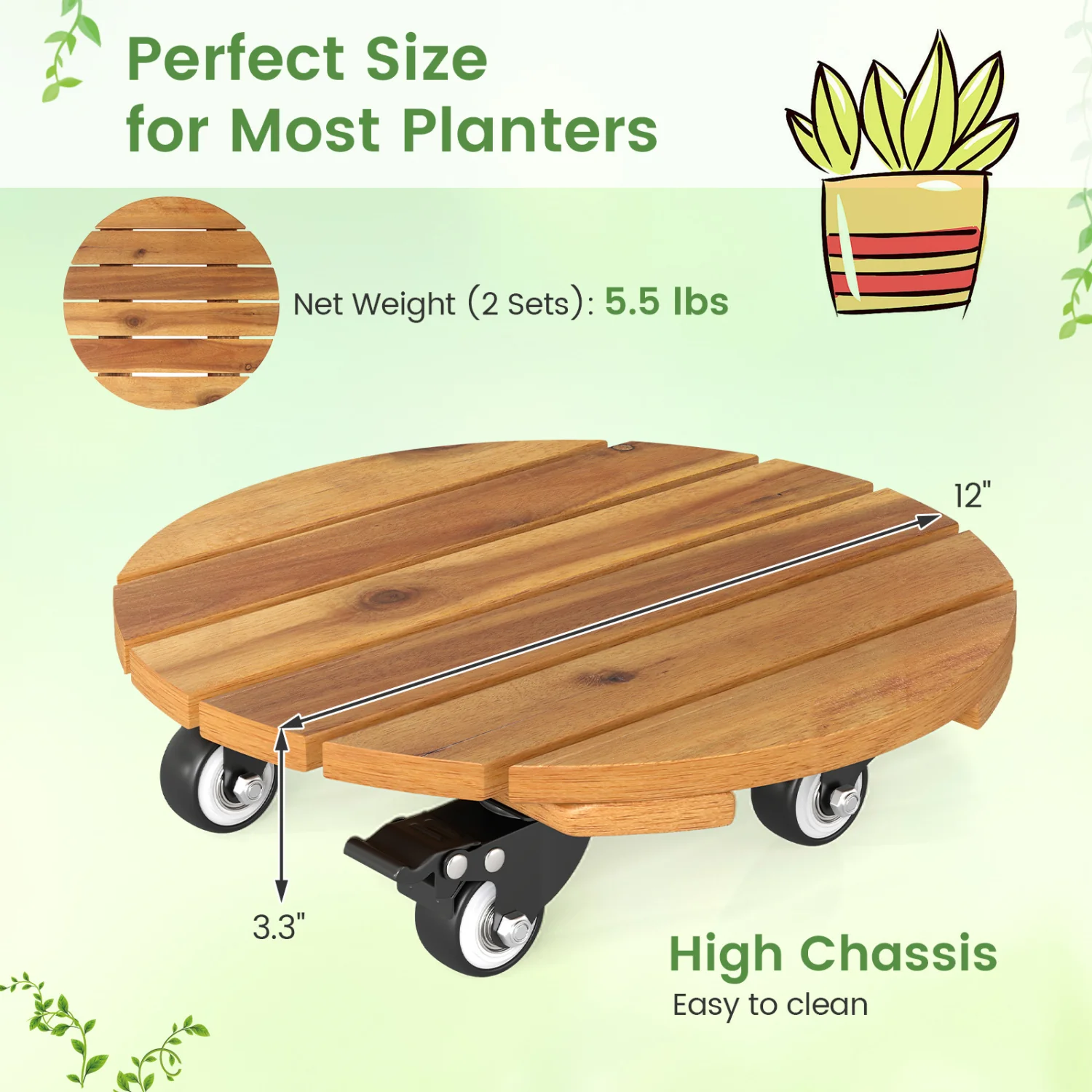 Heavy Duty Acacia Wood Rolling Plant Stand with 360° Lockable Casters-Set of 2 - Image 5