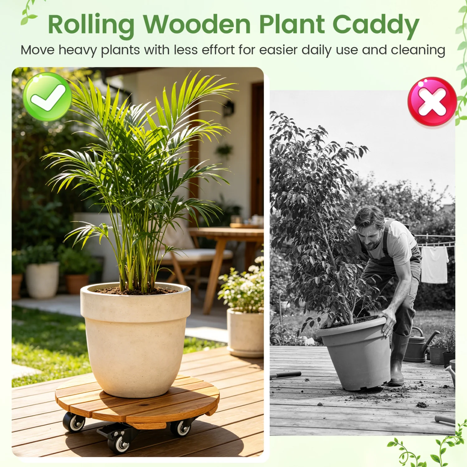 Heavy Duty Acacia Wood Rolling Plant Stand with 360° Lockable Casters-Set of 2 - Image 6