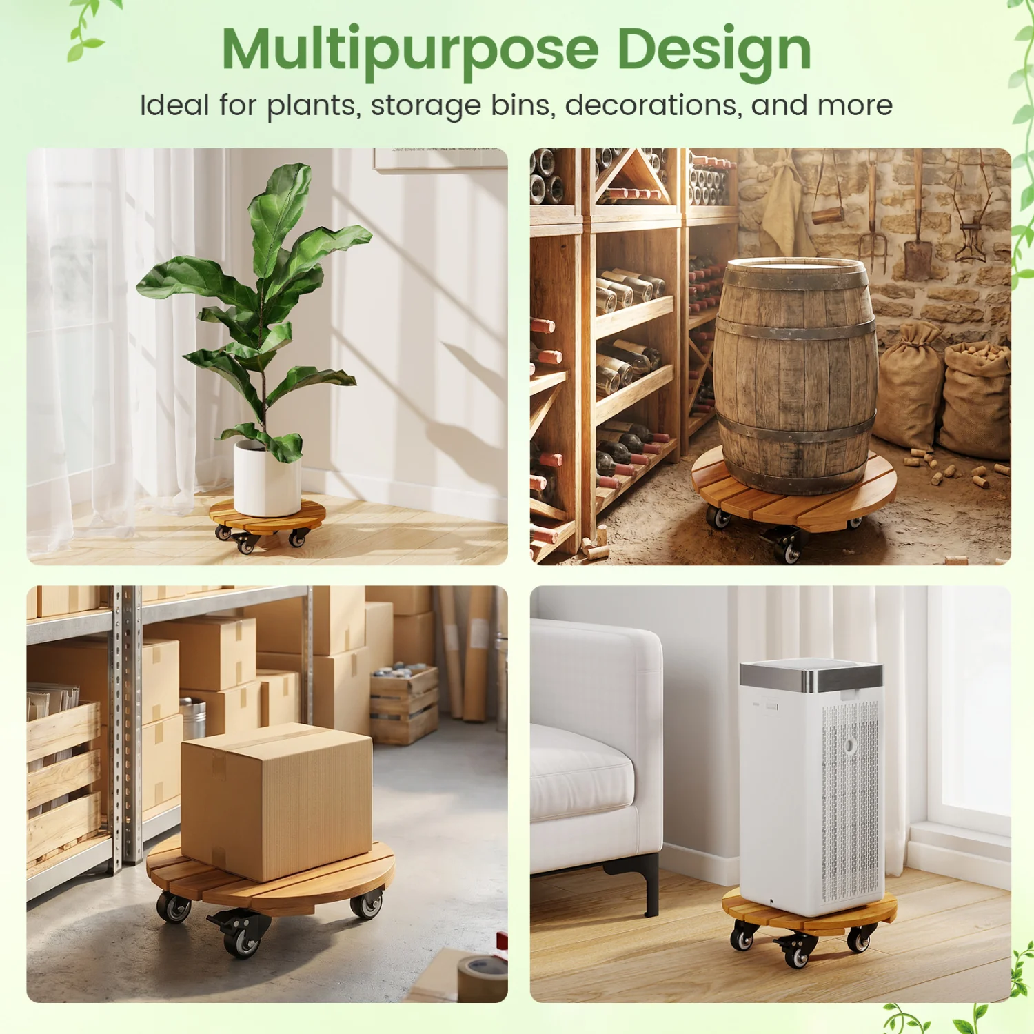 Heavy Duty Acacia Wood Rolling Plant Stand with 360° Lockable Casters-Set of 2 - Image 8