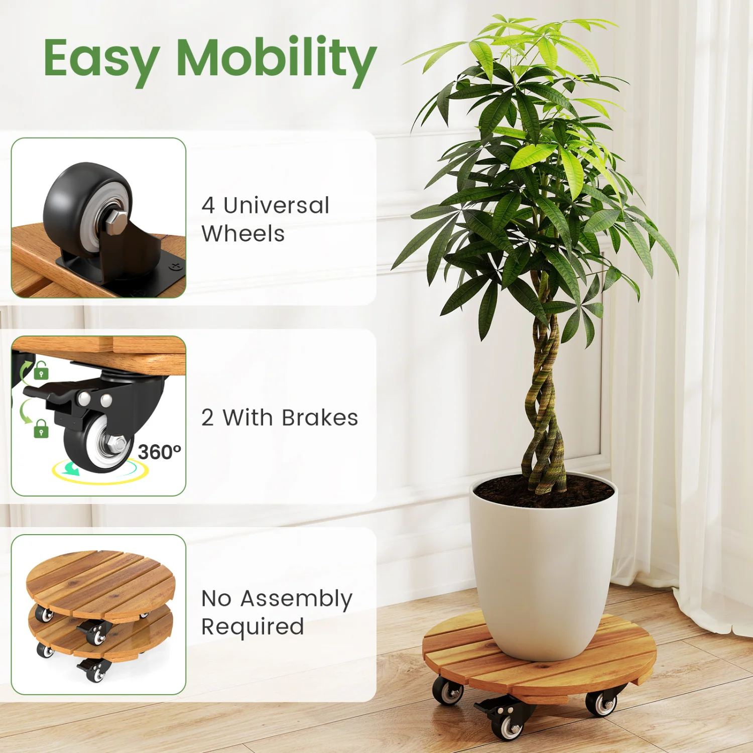 Heavy Duty Acacia Wood Rolling Plant Stand with 360° Lockable Casters-Set of 2 - Image 9