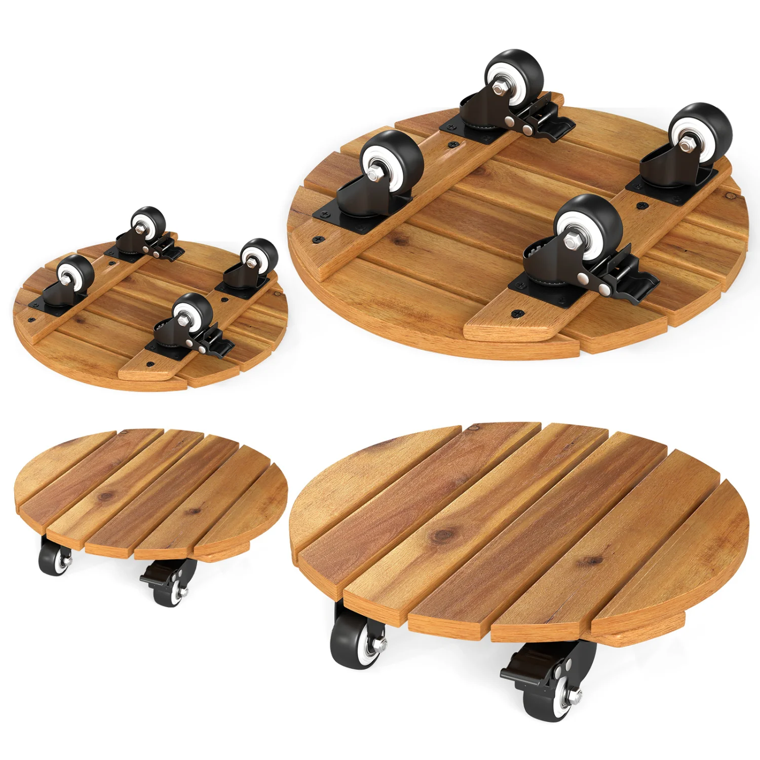 Heavy Duty Acacia Wood Rolling Plant Stand with 360° Lockable Casters-Set of 4