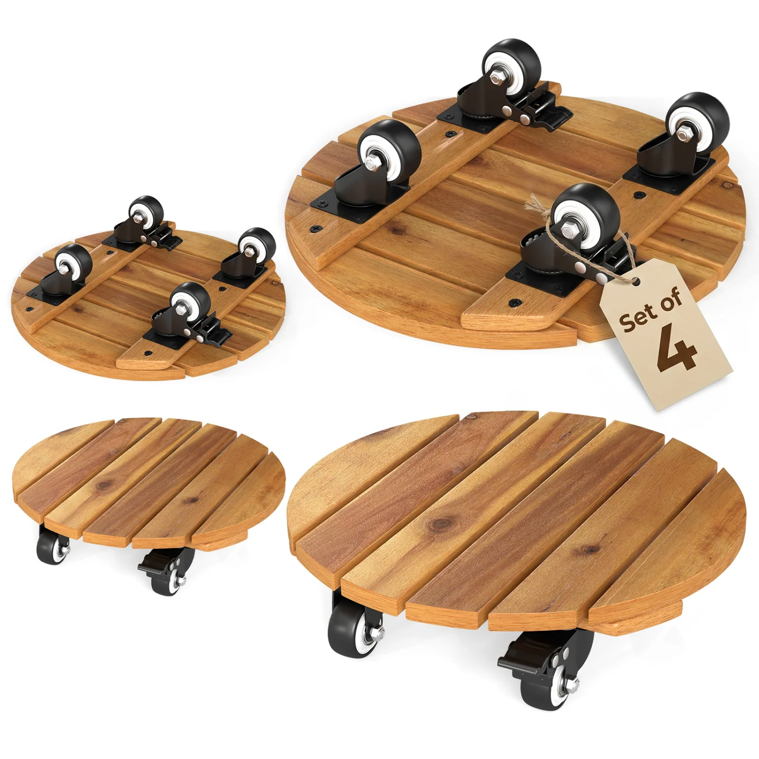 Heavy Duty Acacia Wood Rolling Plant Stand with 360° Lockable Casters-Set of 4 - Image 4