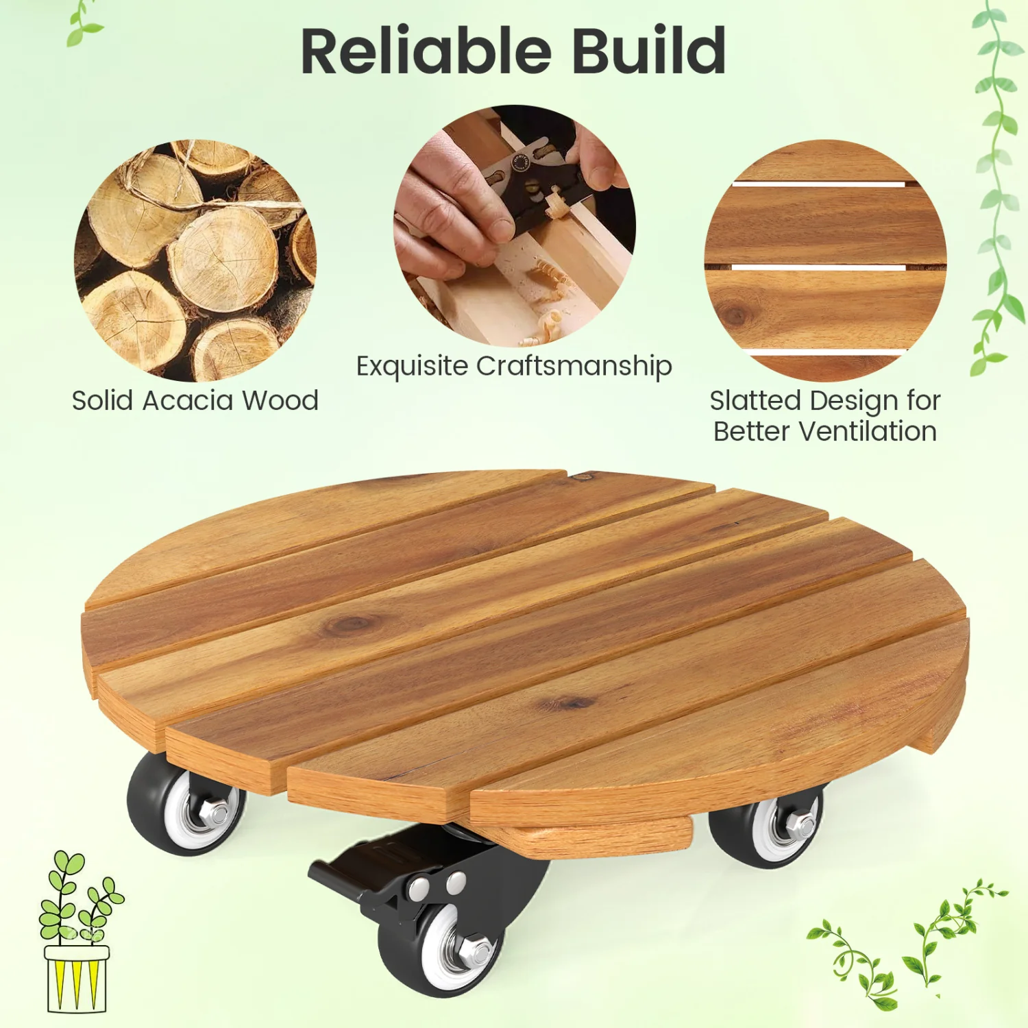 Heavy Duty Acacia Wood Rolling Plant Stand with 360° Lockable Casters-Set of 4 - Image 7