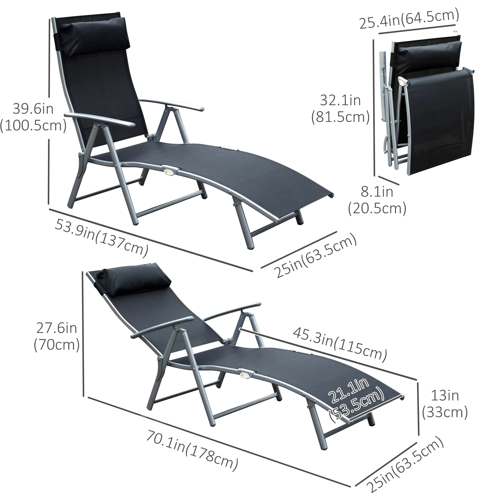 Heavy Duty Adjustable Folding Reclining Chair, Outdoor Sun Lounger, Black - Image 3