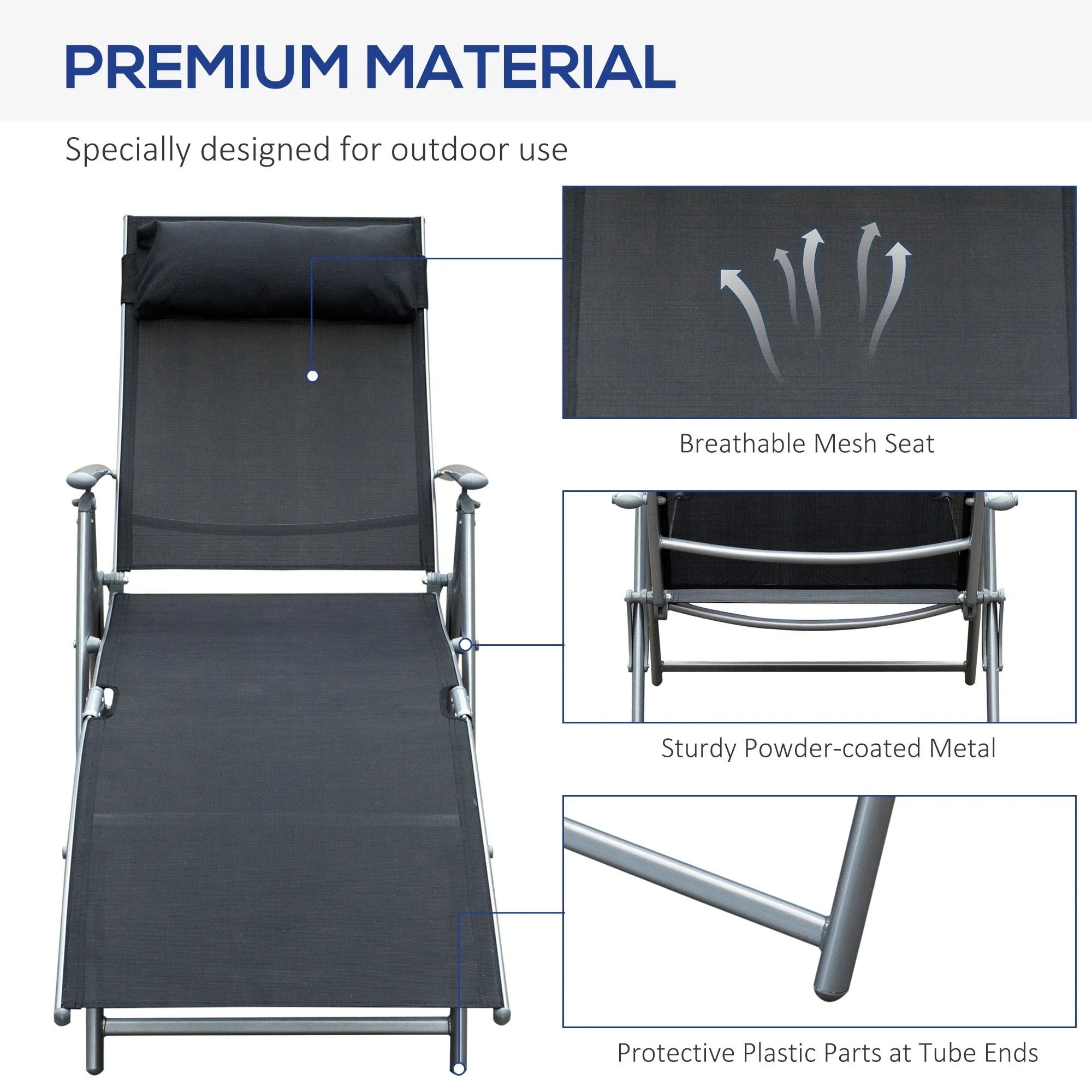 Heavy Duty Adjustable Folding Reclining Chair, Outdoor Sun Lounger, Black - Image 7