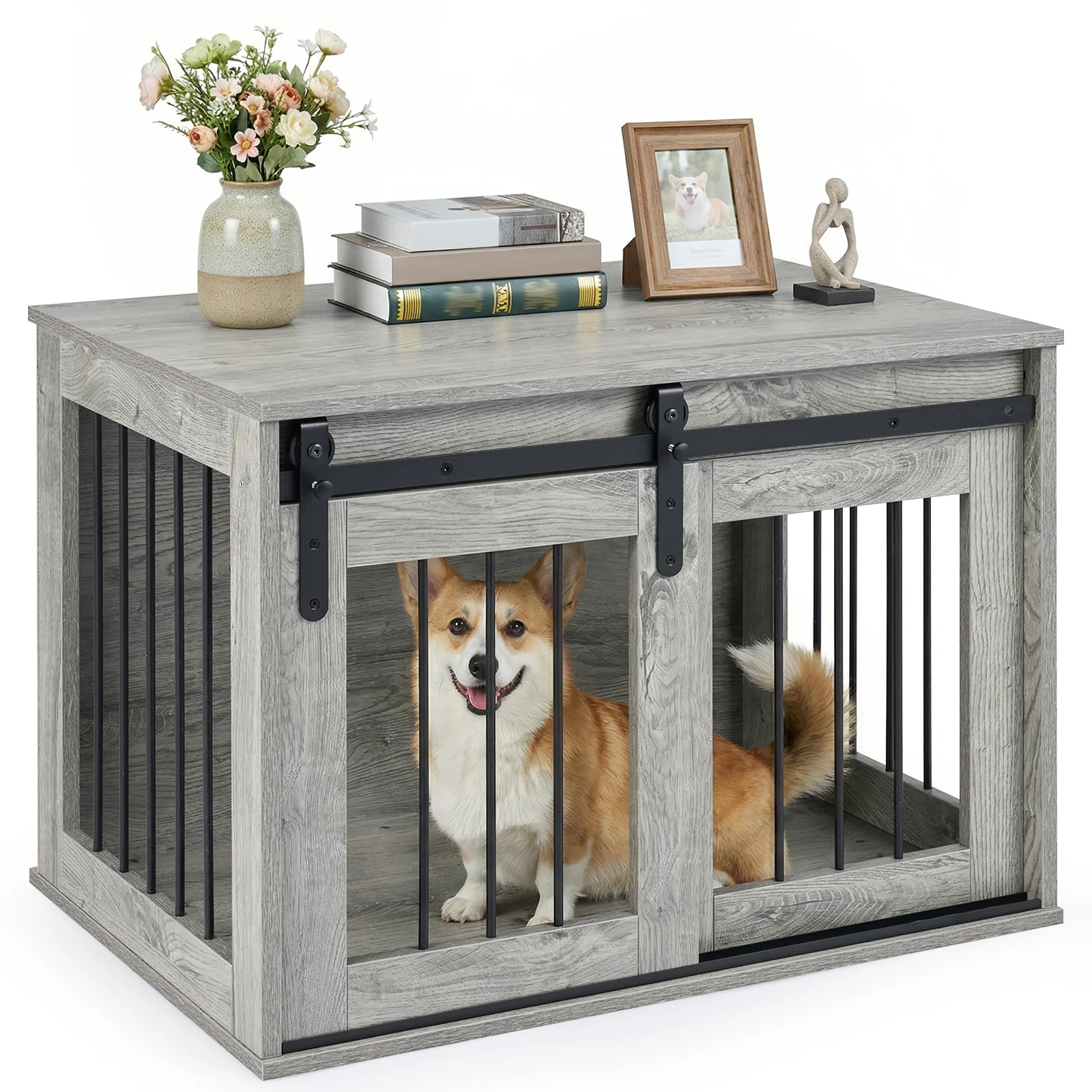 Heavy Duty Dog Crate Furniture, Sliding Barn Door, Gray