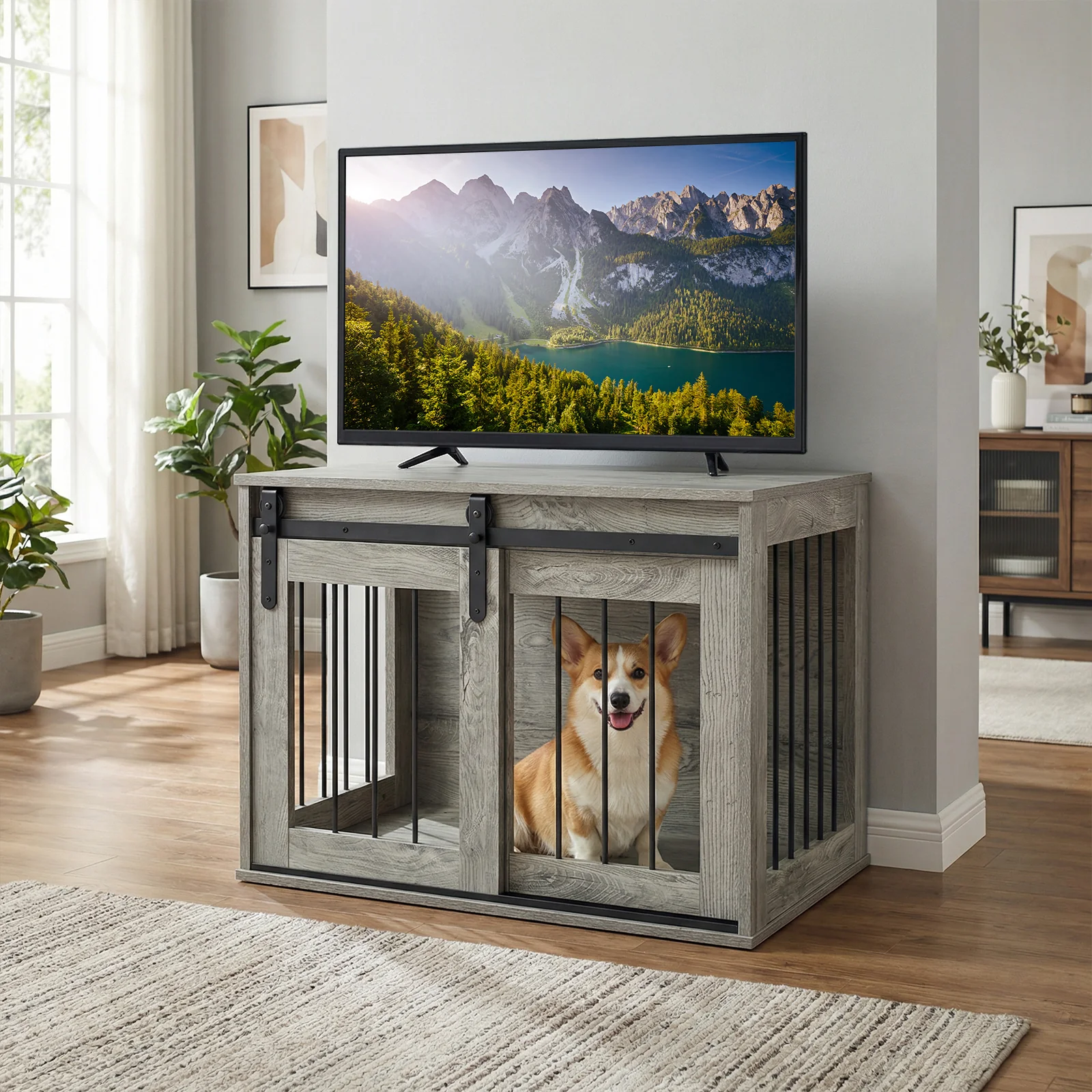 Heavy Duty Dog Crate Furniture, Sliding Barn Door, Gray - Image 2