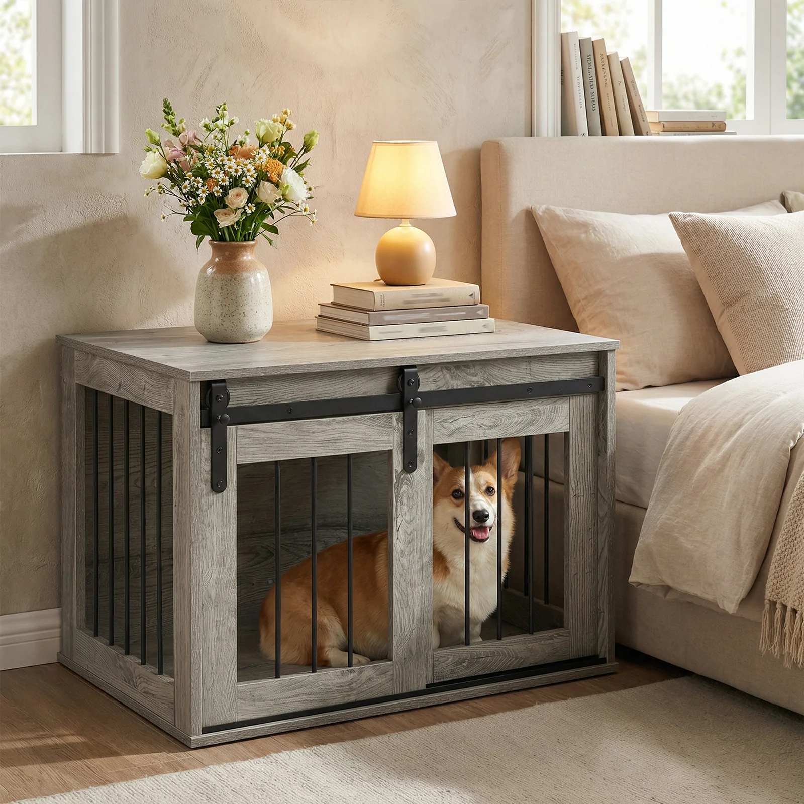 Heavy Duty Dog Crate Furniture, Sliding Barn Door, Gray - Image 3