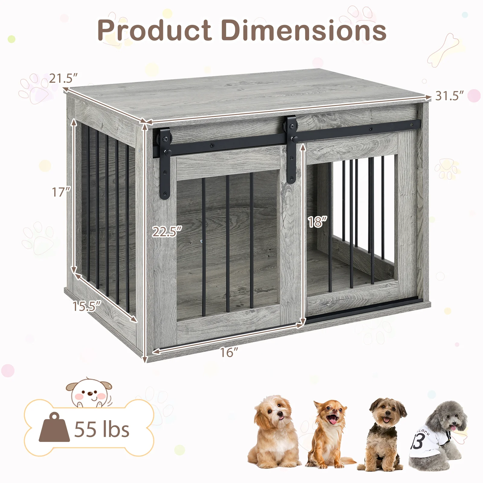 Heavy Duty Dog Crate Furniture, Sliding Barn Door, Gray - Image 5