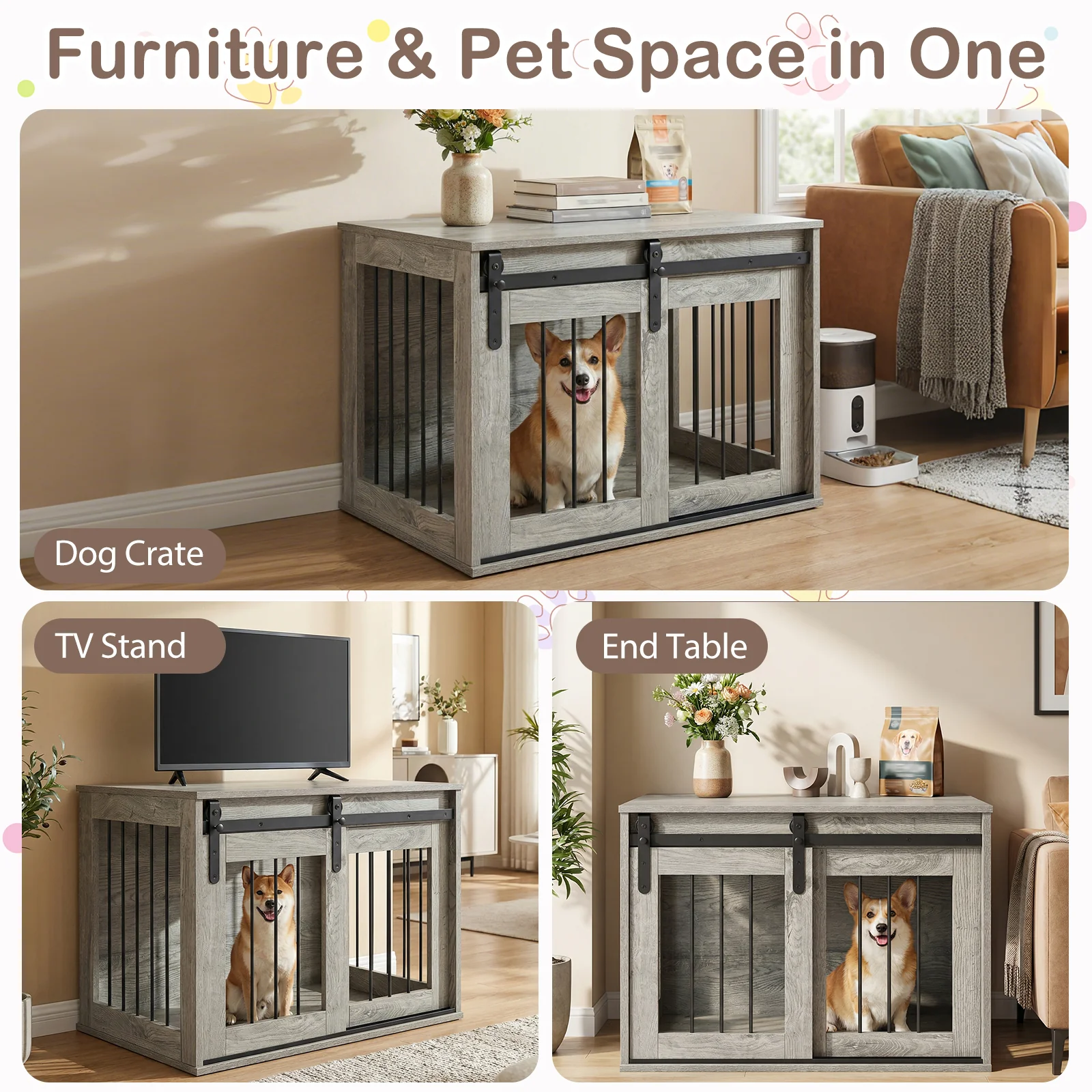 Heavy Duty Dog Crate Furniture, Sliding Barn Door, Gray - Image 6