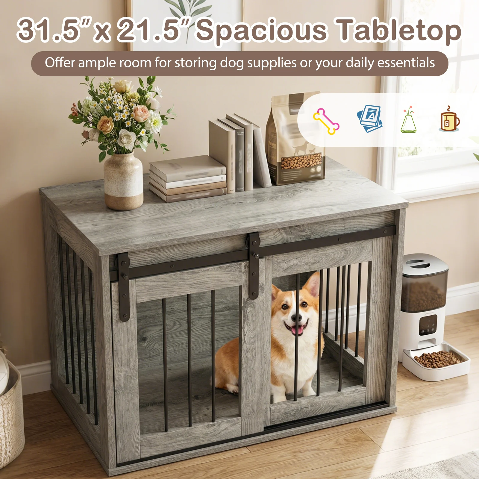 Heavy Duty Dog Crate Furniture, Sliding Barn Door, Gray - Image 7