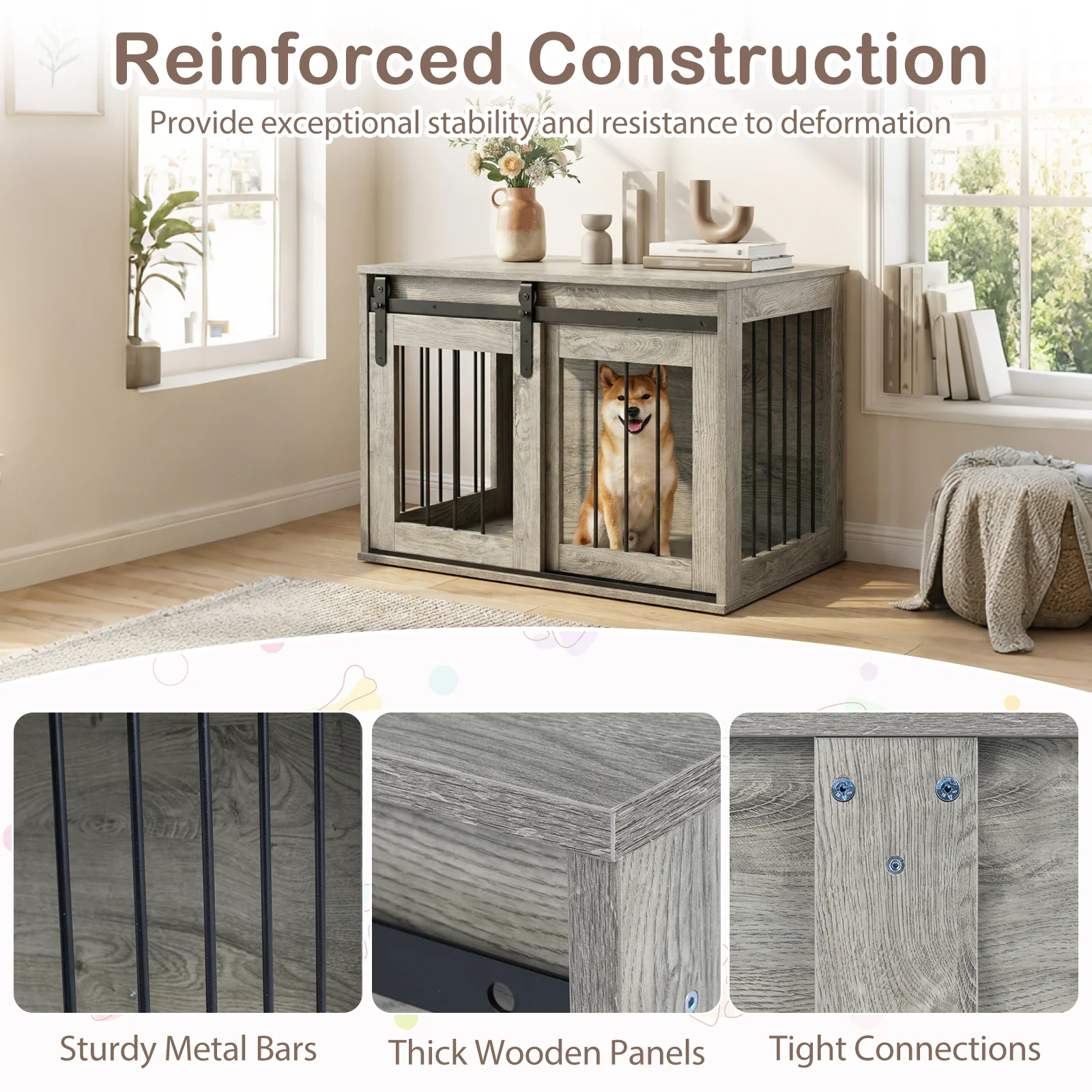 Heavy Duty Dog Crate Furniture, Sliding Barn Door, Gray - Image 8